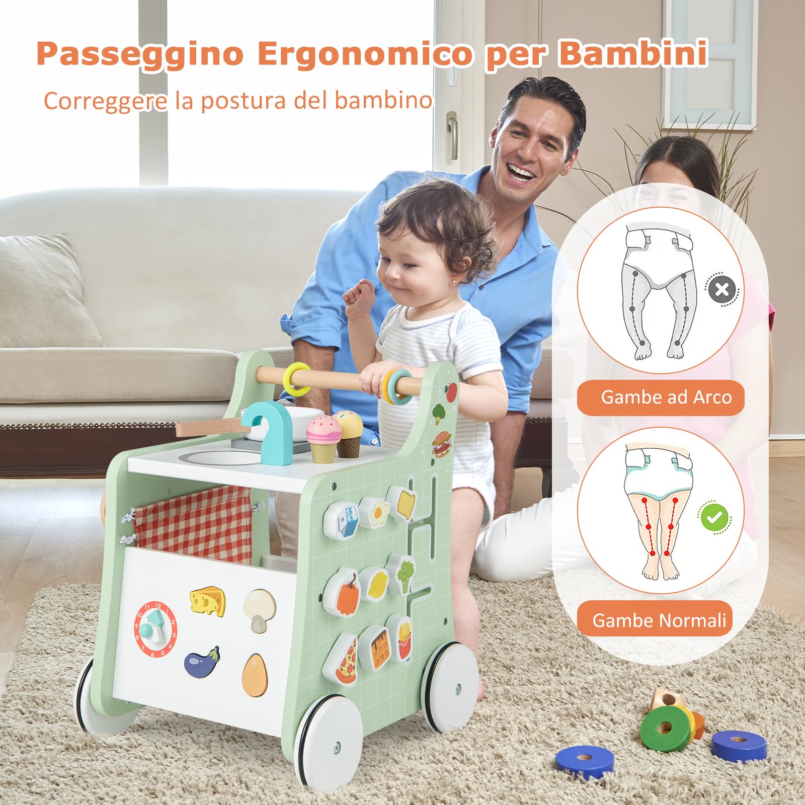 RELAX4LIFE Carrello Primi Passi in Legno 6 in 1, Centro Montessori Cucina con Pannello Attività, 9 Accessori, Vano Portaoggetti, Anti O, per Bambini 1-3 Anni,Legno Naturale + Verde Menta