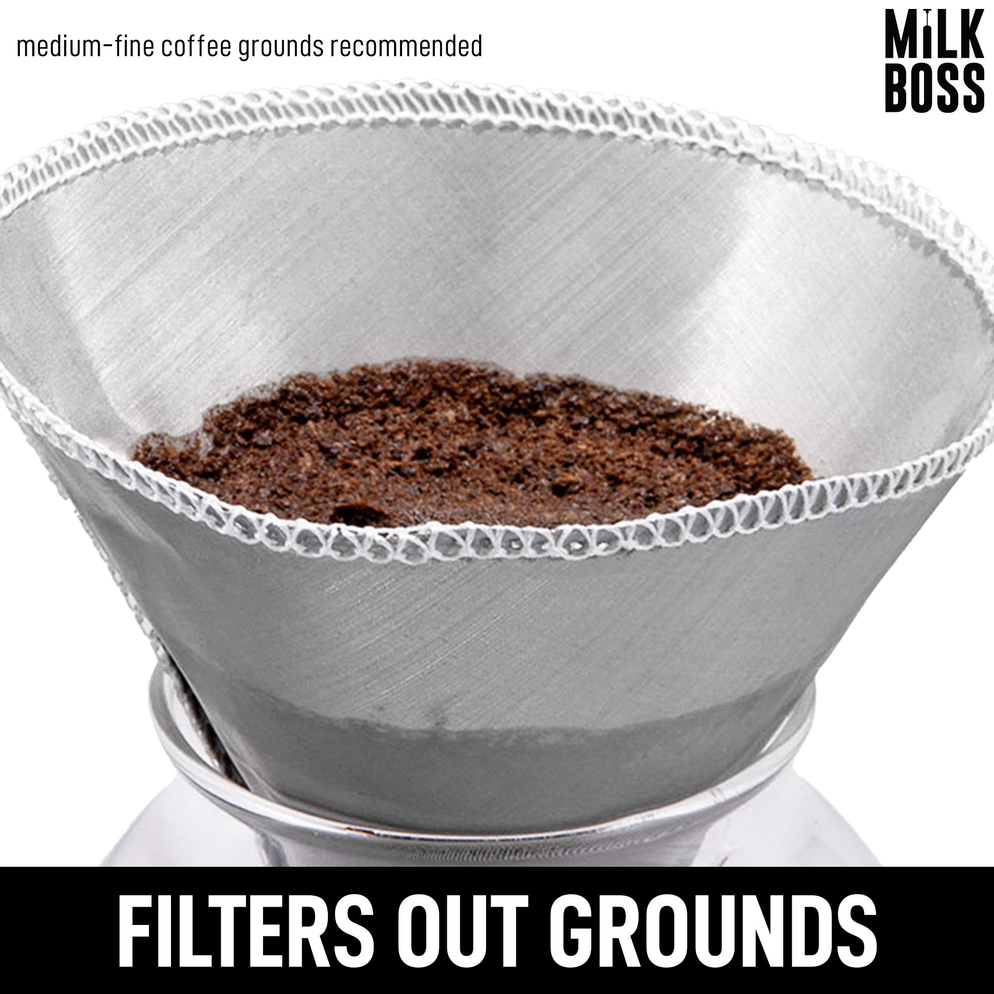 Milk Boss Pour Over Kaffeefilter – Permanent papierloser Edelstahl wiederverwendbarer Kaffeefilter – Flexibler feiner NetzKaffeefilter wiederverwendbar für Hario, Chemex, Ovalware und andere