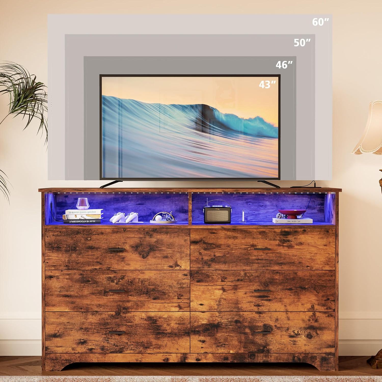 LIKIMIO 6 Drawer 59 Dresser with LED and Power Strip, Rustic Brown