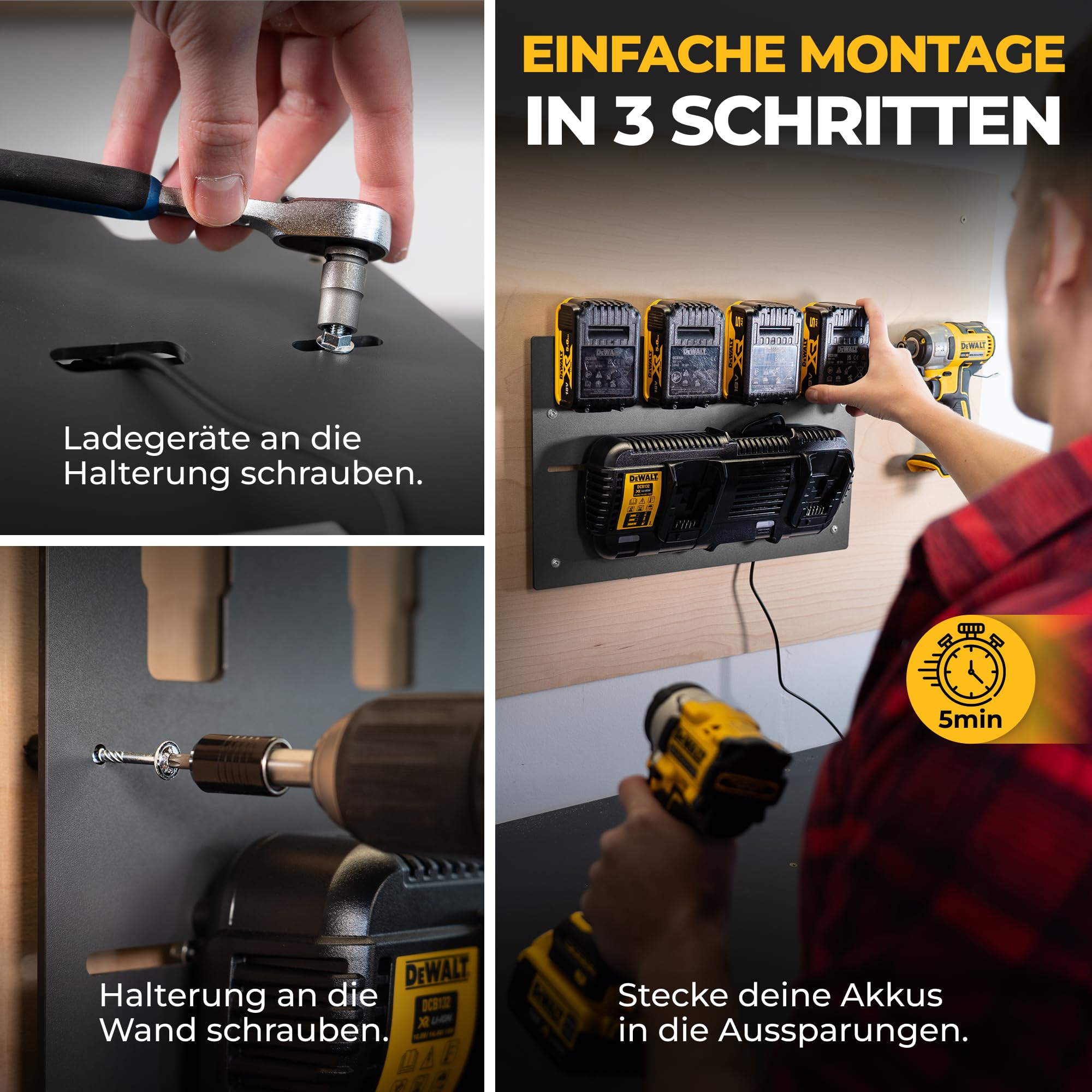 Wandfest Wandhalterung für DeWalt Akkus und Ladegeräte Made in Austria 1-4 Akkus