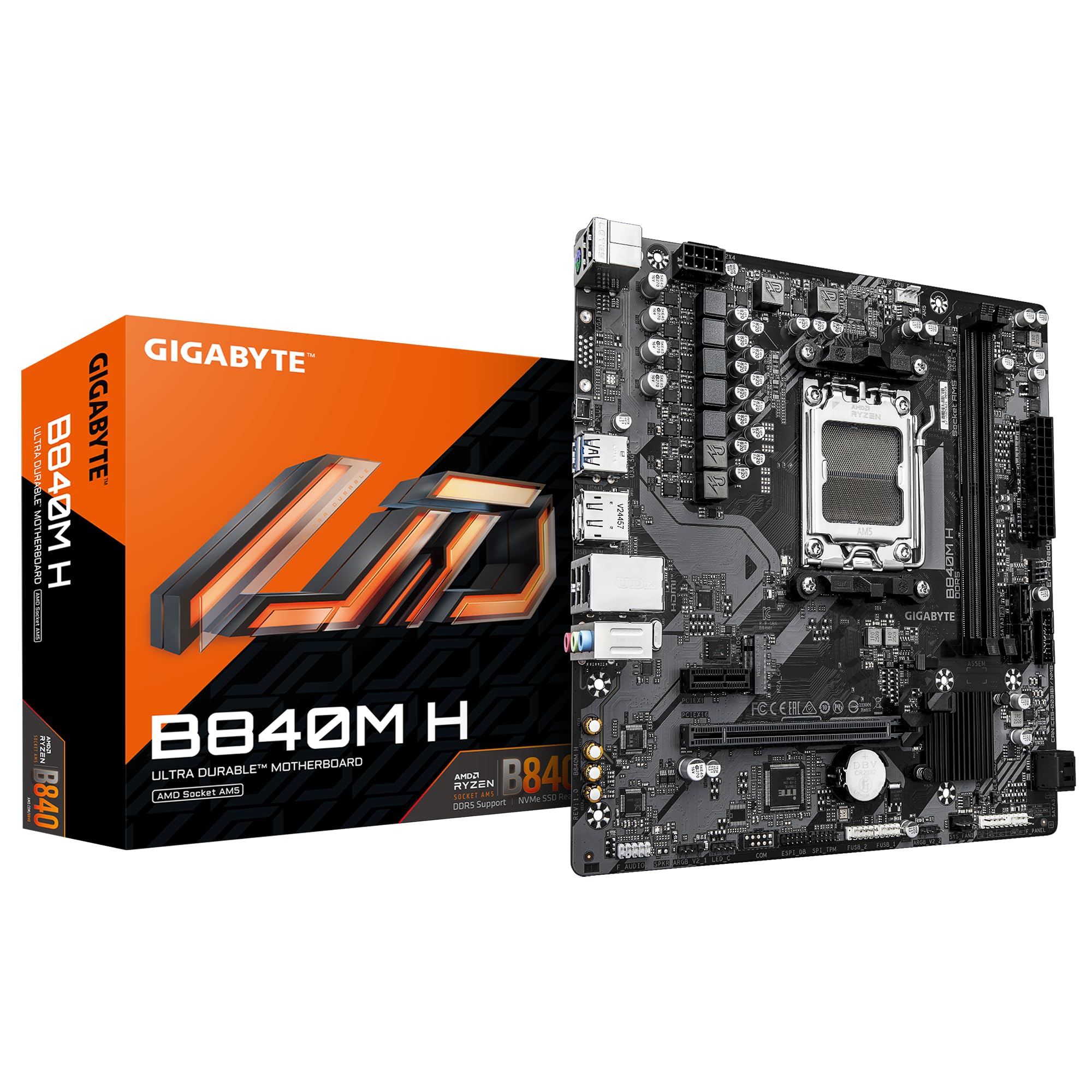 GIGABYTE Płyta główna B840M H - Procesory AMD Ryzen 9000, 5+2+2 fazy VRM, do 7200 MHz DDR5 (OC), 1 x PCIe 4.0 M.2, 1 GbE LAN, USB 3.2 Gen 1