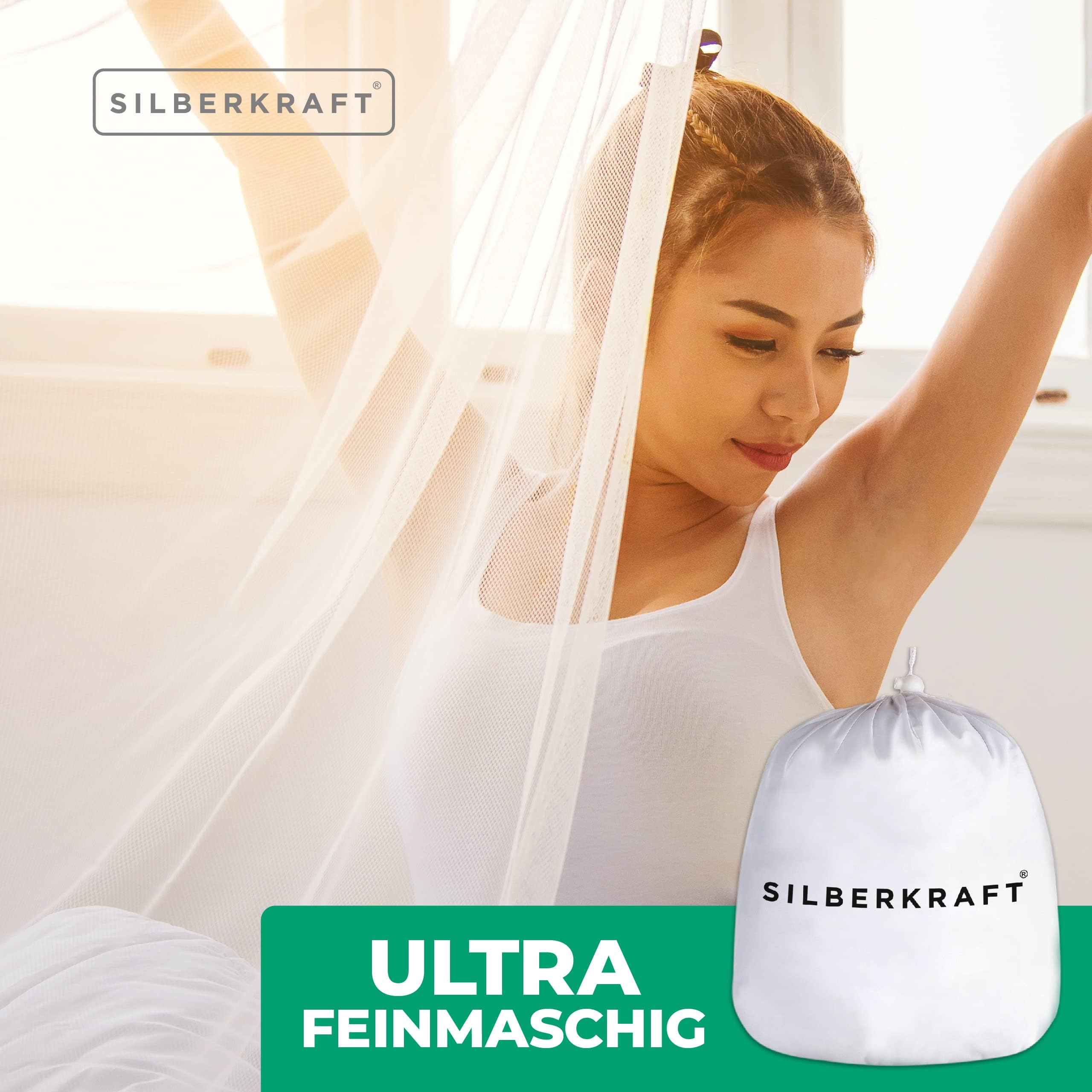 Silberkraft Moustiquaire de qualité supérieure avec crochets et chevilles, XXL pour lit double, moustiquaire pour voyage et à la maison, avec sac de transport