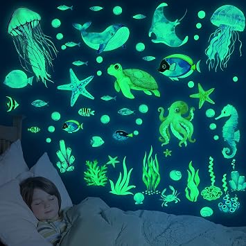 Ocean Fish Wall Decals,Glow in The Dark Under The Sea Wall Decals Vinyl Sea Life Wall Stickers Removable Waterproof Peel and Stick for Boys Kids Bathroom Watercolor Ocean Creatures Decor (Green)
