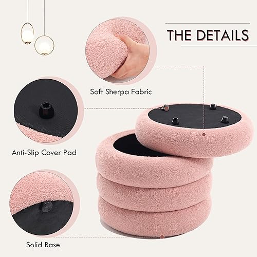Miniatura 6 de Flouki Otomana de sherpa, otomana de peluche con almacenamiento, puf redondo otomano de almacenamiento para sala de estar y dormitorio, rosa, juego