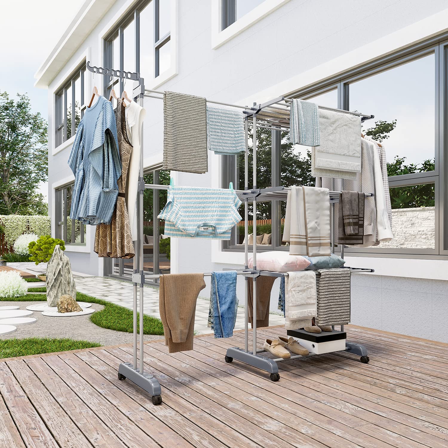 Shrivee Stendibiancheria a torre, salvaspazio con 6 ali pieghevoli su 3 livelli, allungabile, lunghezza 66-130 cm, per interni ed esterni grandi famiglie