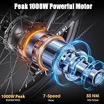Funhang Vélo électrique pour adultes, 1000W Ébike de pointe, 50Miles Vélo de montagne électrique, 26" Vélo électrique pour adultes avec 48V Batterie amovible, Fenders,7 Vitesse, suspension avant, UL 2849 Certifié