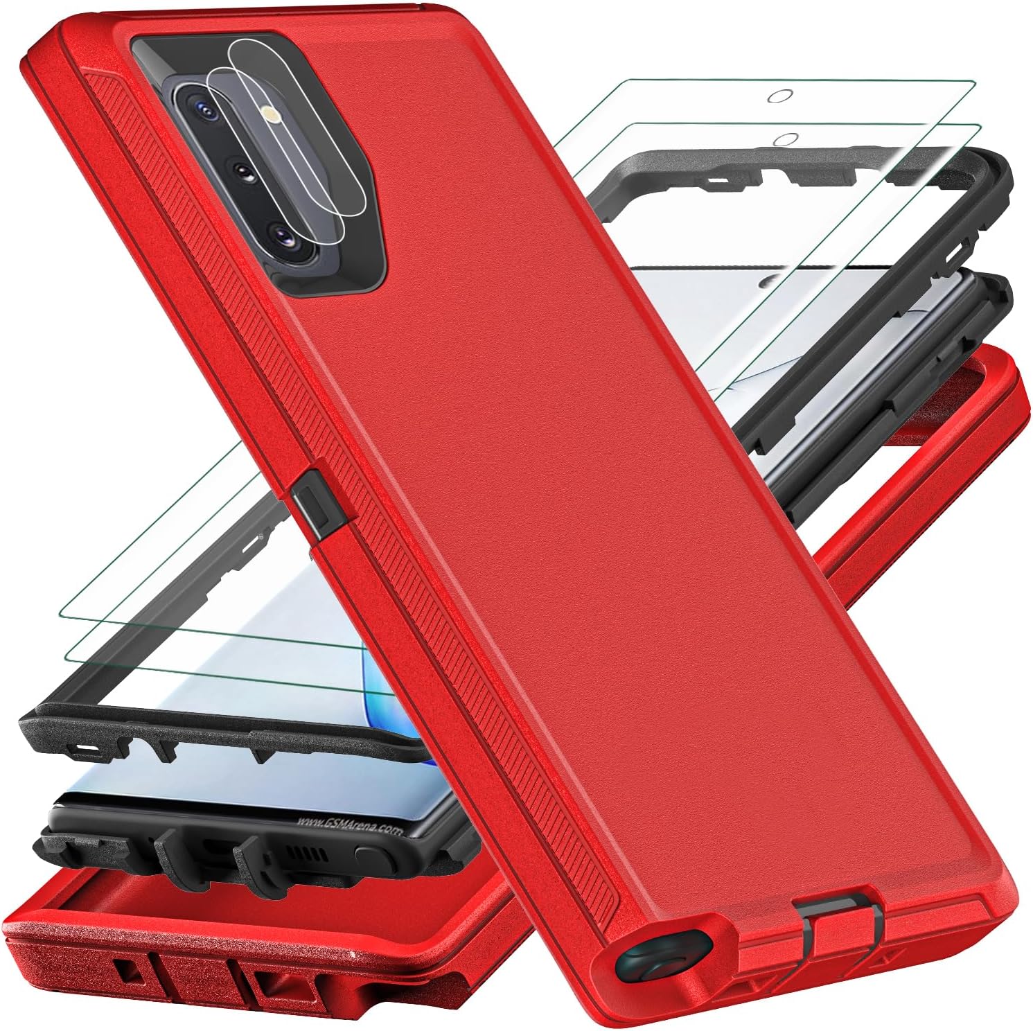 for Samsung Galaxy Note 10 Case, Military Grade Shockproof/Drop Proof/Dust Proof Case with 2Pcs Self Healing Flexible TPU Screen Protector & Camera Lens Protector (Red/Black)