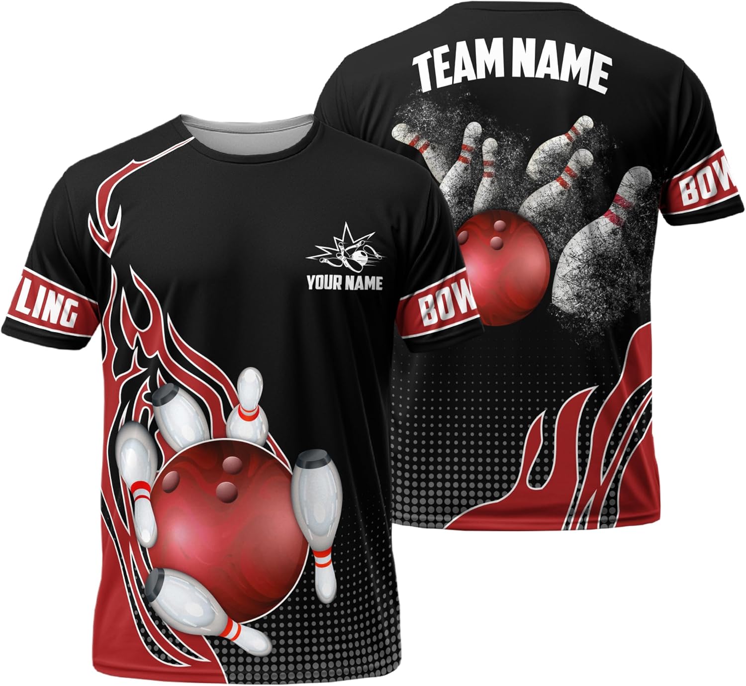 Generic Men's Bowling Tshirt Personalized Moire Red Fire Bowling Ball T Shirt Print Bowling Related Clothes, Black