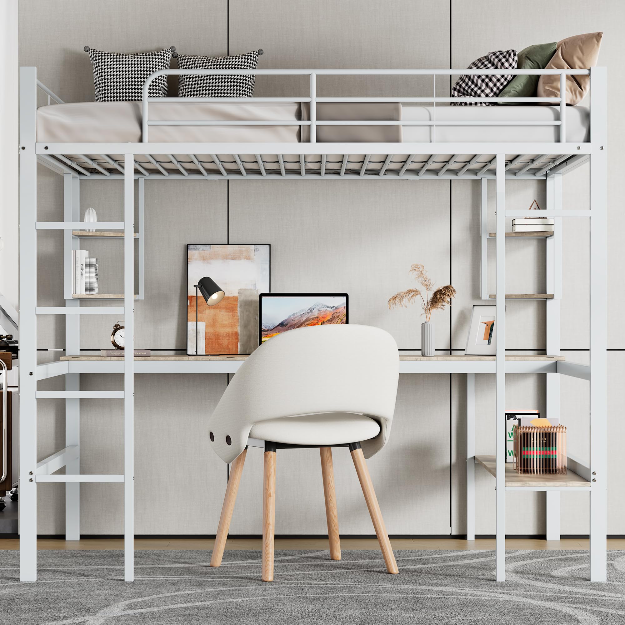 Letto a soppalco in metallo 90 x 200 cm, per bambini, ragazzi e adulti, letto a castello in metallo con scrivania e scaffale (bianco, 90 x 200 cm)