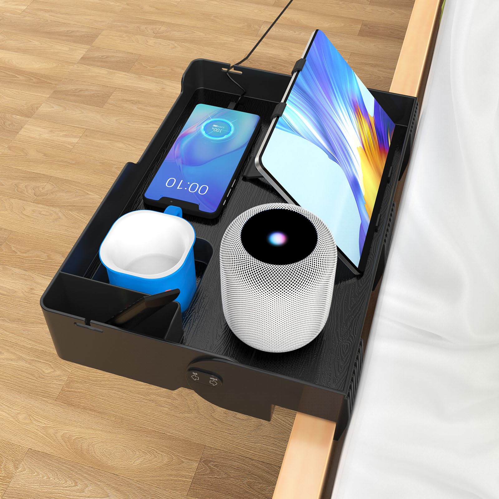 JUMEIHUIFolding Bedside Shelf for Bed College Dorm,Bunk Bed Shelf for Top Bunk,Bed Shelf Organizer with Cup Holder,Bed Accessories,Bedside Organizer for Phones,Kindle,Book,Remote,CPAP(Black)