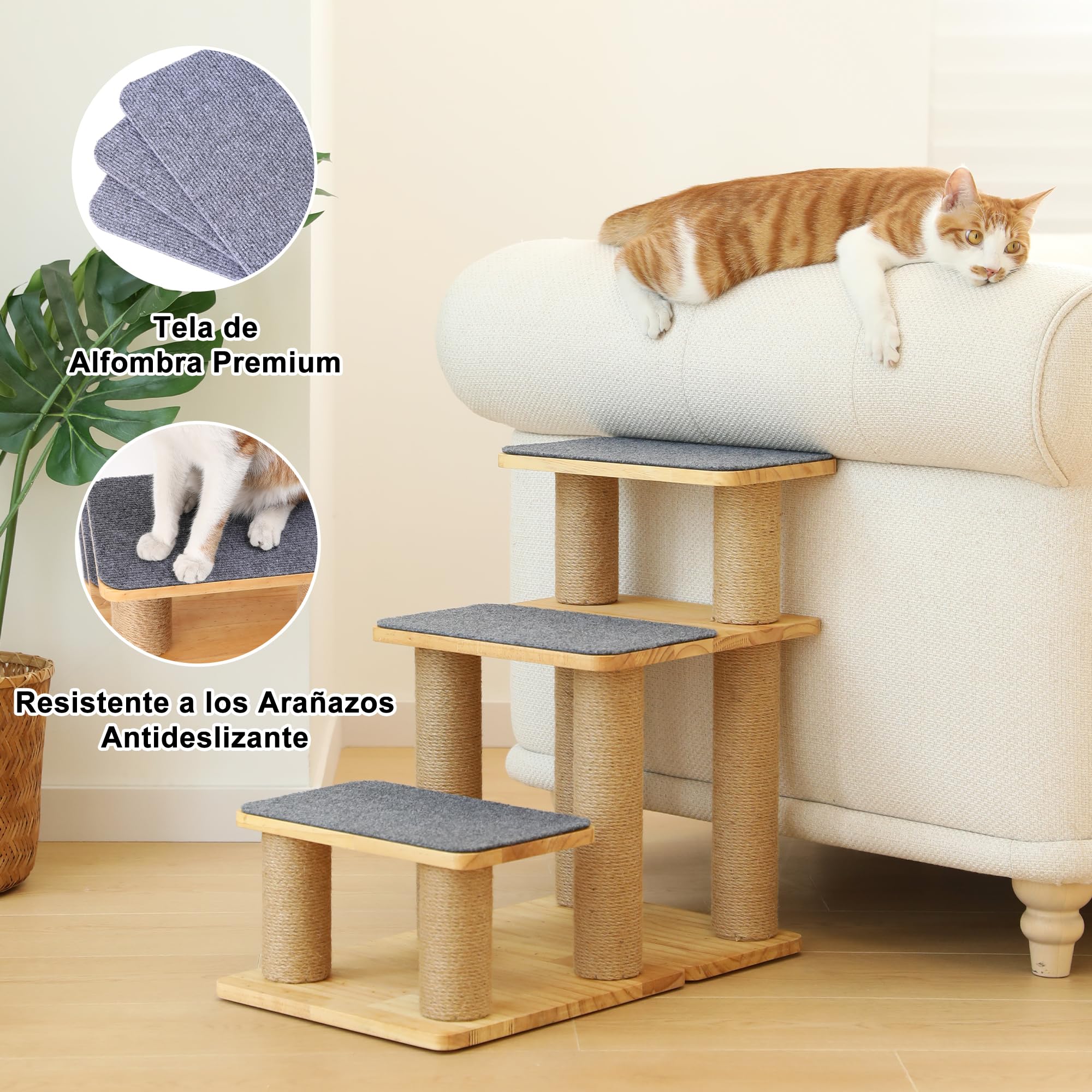 FUKUMARU Escalera para Perros, 3 peldaños para Mascotas de Madera de Pino y Yute, Altura Ajustable de 18 a 51 cm, soporta hasta 90 kg, 6 Combinaciones posibles para Subir a Camas y sofás, Gris.