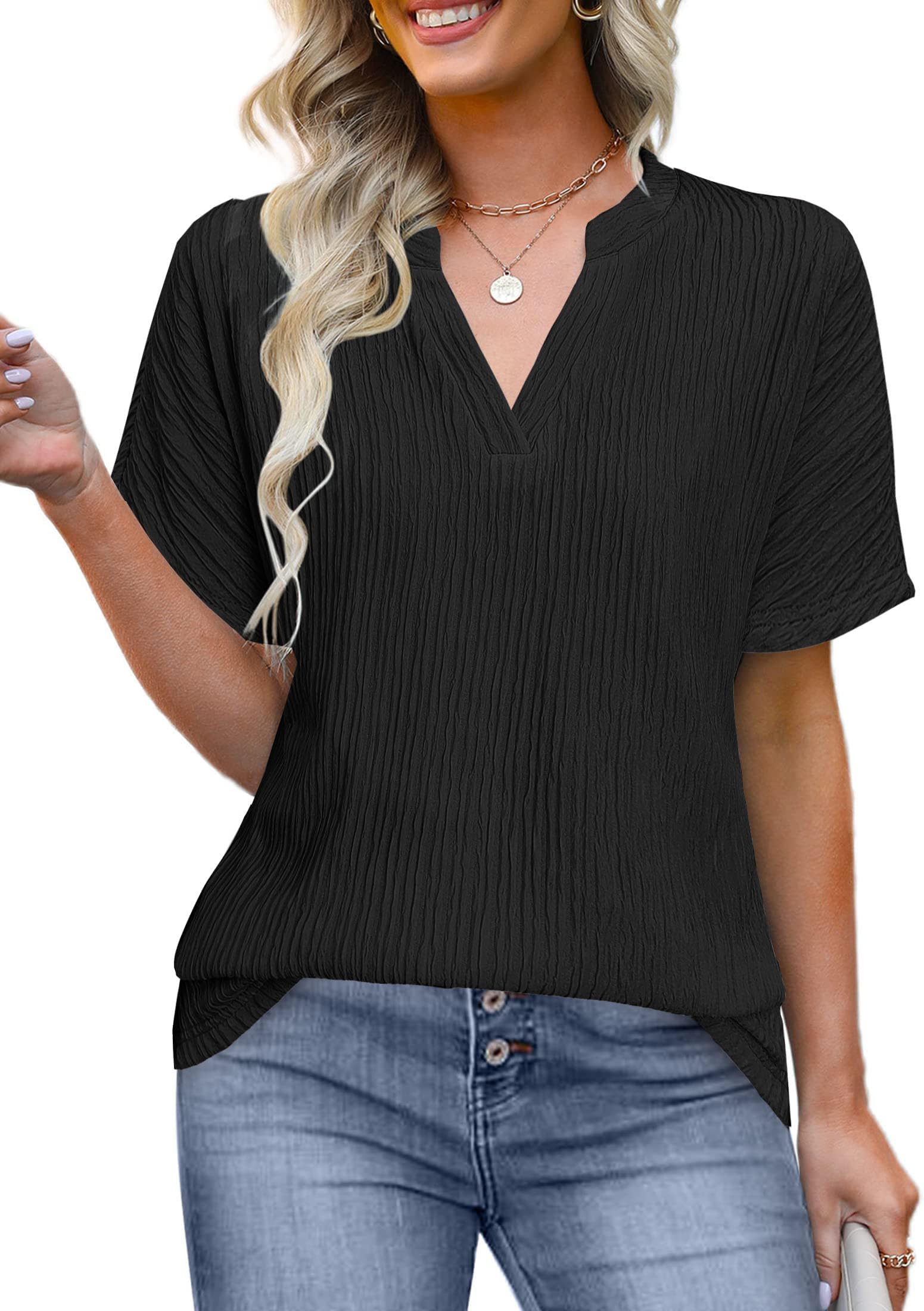 Women Summer Tops Fashion Tshirts Short Sleeve Shirts Clothes Textured V Neck Casual Blouses