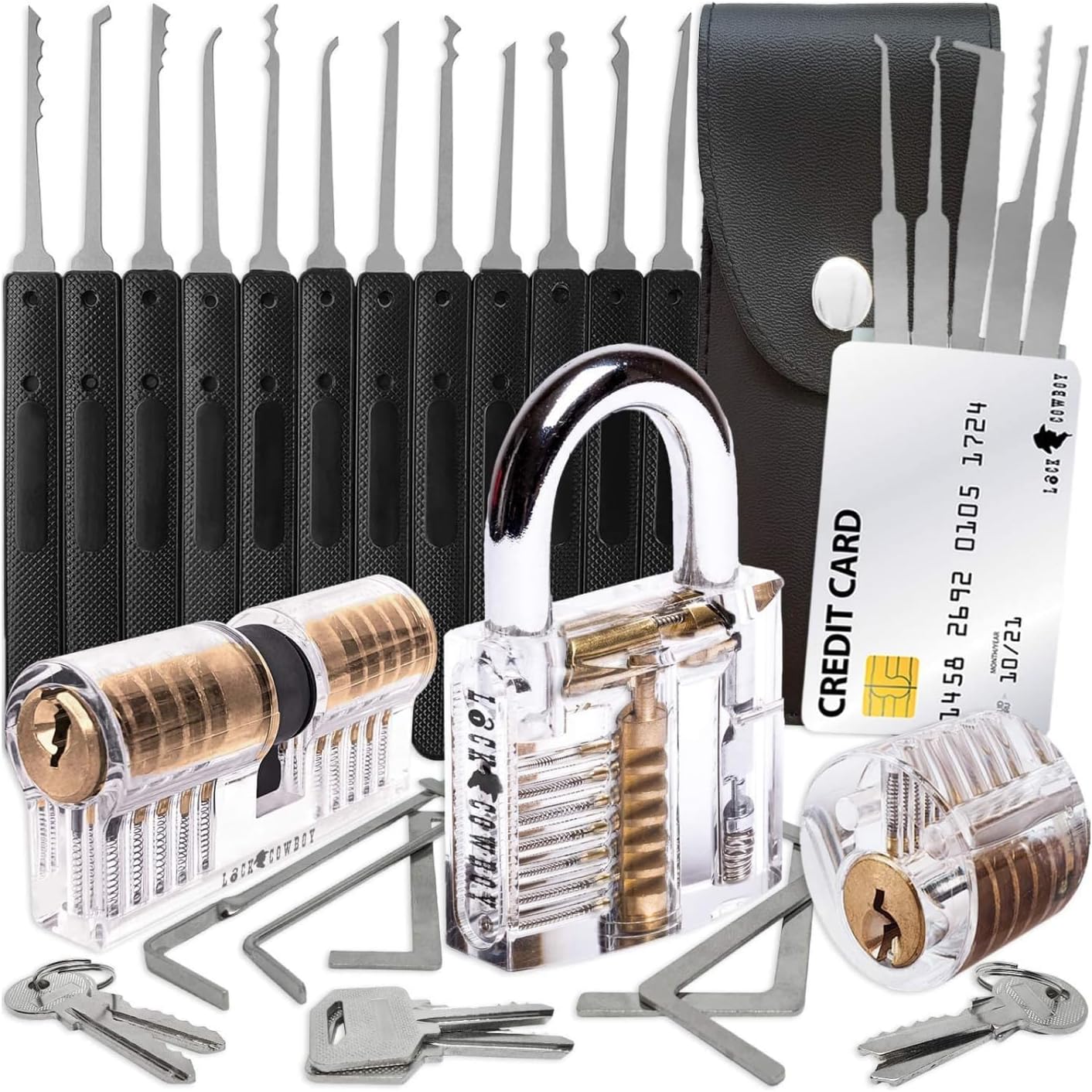 LockCowboy 30-Piece Lockpick Set - 3 Transparent Practice Locks and Credit Card Lock Picking Kit - Premium Locksmith Tools, 2 Training Guides Included - Unique Gifts and Spy Gadgets for Men