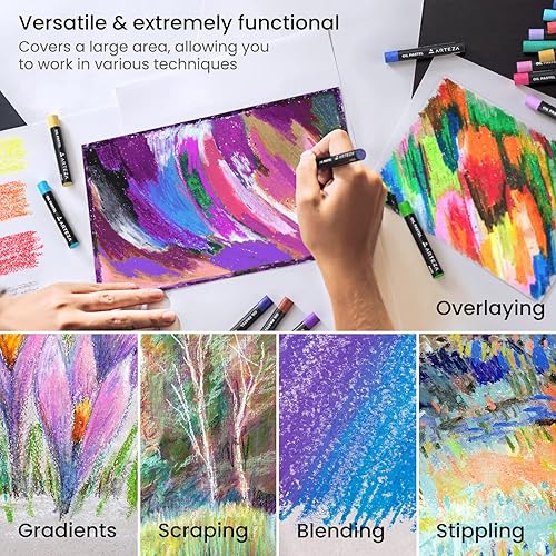 Miniatura 5 de ARTEZA Pasteles al óleo para artistas, 60 pasteles suaves al óleo en varios colores, suministros para artistas para mezclar y suavizar, para
