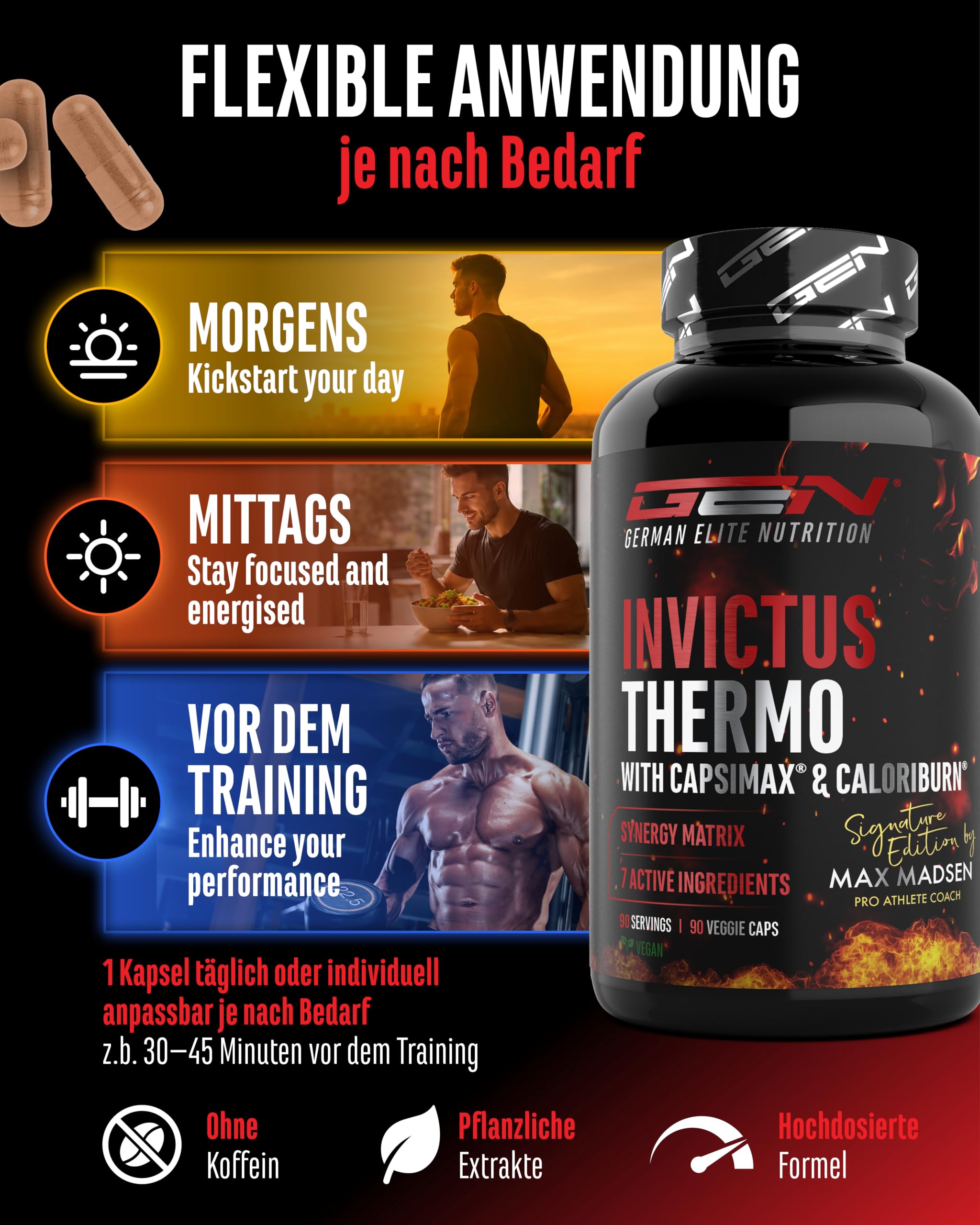 GEN GERMAN ELITE NUTRITION Invictus Thermo vegane Kapseln, 90 Stück | Hochdosierte Thermo Formel, Mit Capsimax® & CaloriBurn®, Grüntee-, Olivenblatt-, Guggul- & Braunalgen-Extrakt, Ohne Koffein
