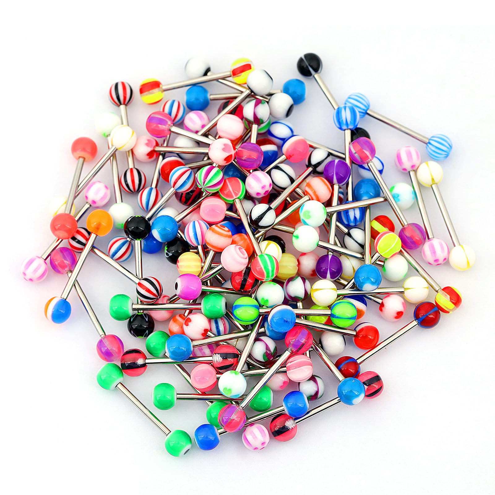 CABBE KALLO 100Pcs Tongue Rings Wholesale 14g Tongue Ring Barbells Assorted Colors for Women Man Piercing Jewelry