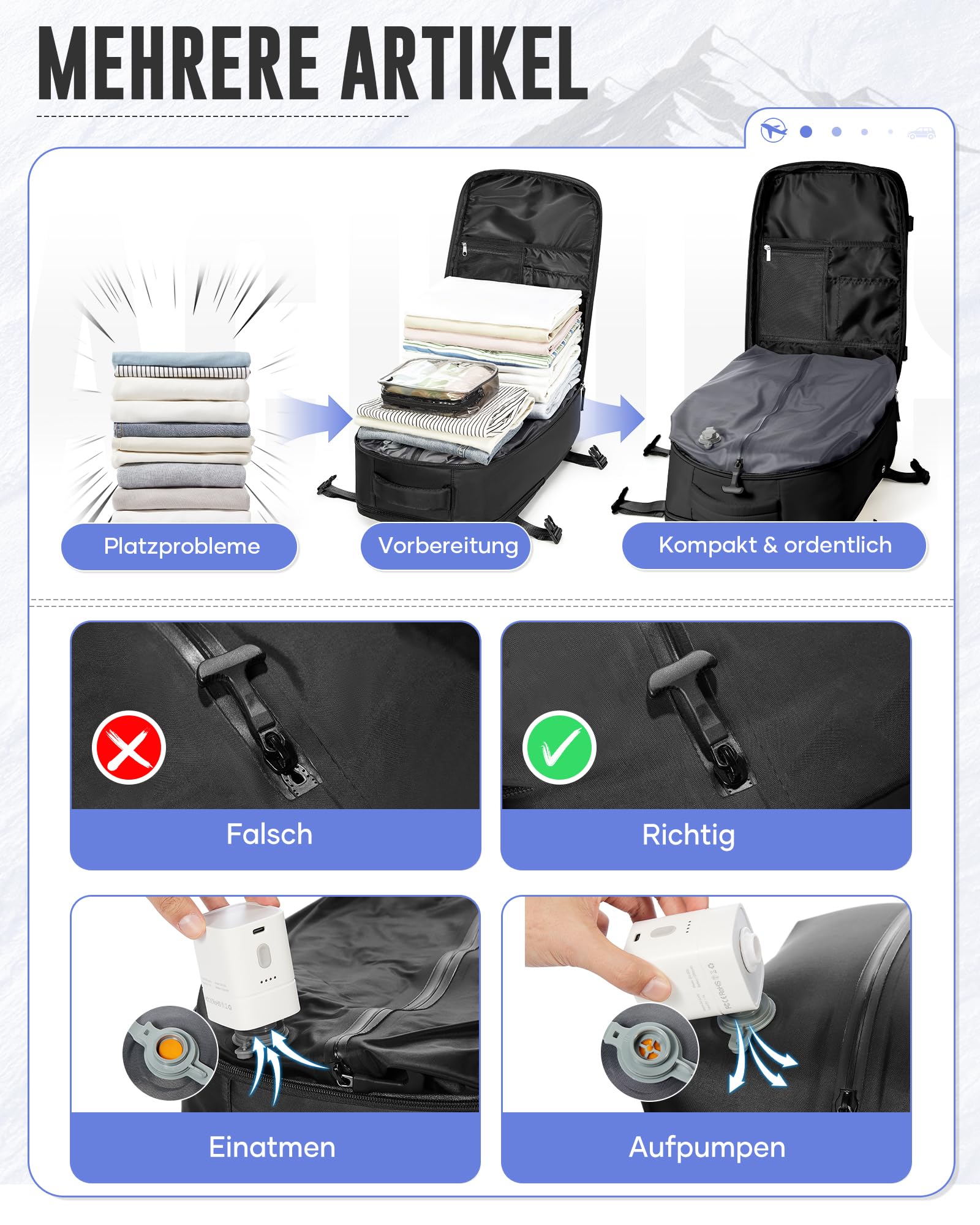 Vacuum Rucksack Handgepäck mit Vakuumsystem Ryanair Handgepäck Rucksack mit Vakuum Damen Herren 15.6 Zoll Laptop Air Bag Reise Rucksacks für Flugzeug Handgepäcks(Schwarz)