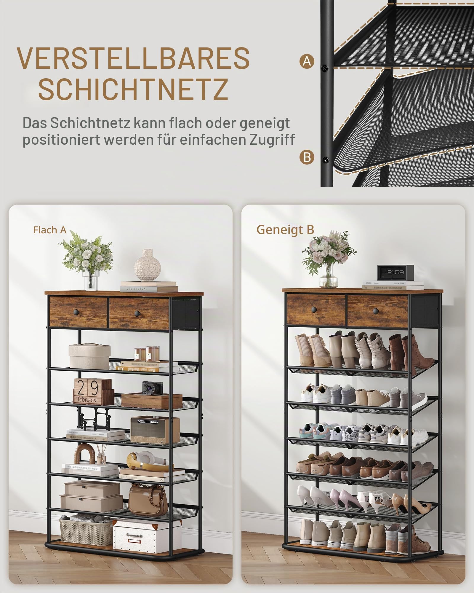 Hzuaneri Schuhregal, 7 Ebenen, 2 Stoffschubladen, 5 Gittern, Verstellbaren | Schuhständer für Eingang, Flur, Verstellbaren Gitterablagen, 20-24 Paar, Vintagebraun-Schwarz, SR27701B