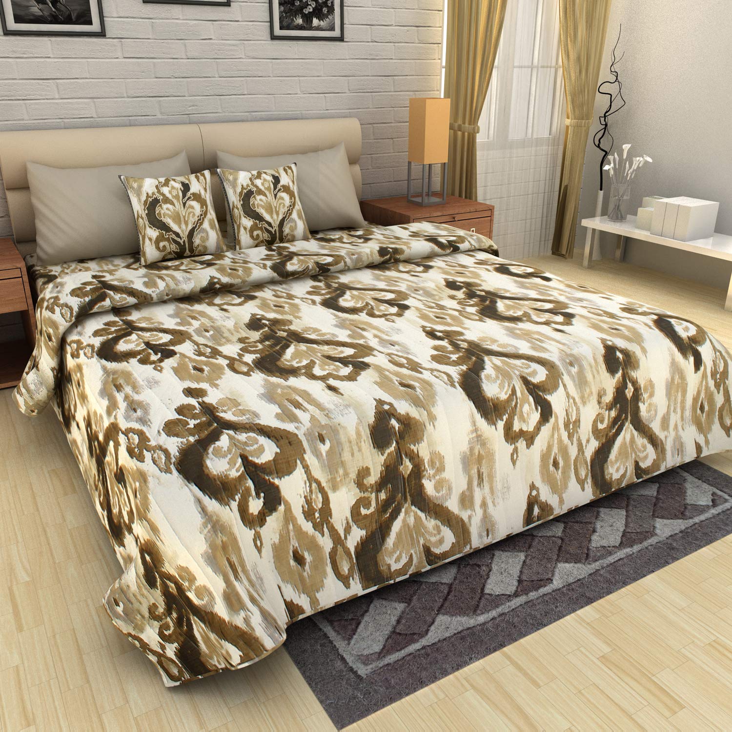 Quilted King Size (108x92 inches) Microfiber Soft Lightweight Coverlet Bedspread/Bedcover for All Season- 3 Pieces (Beige Ikat Print)-image-34