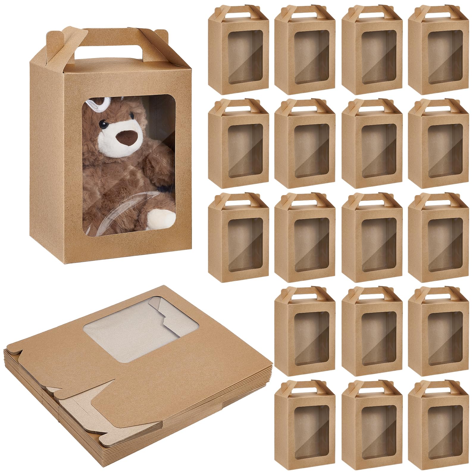 TWINKLEMON 24 Pcs Kraft Paper Gift Bags with Clear Window, Paper Gift Box with Handles, Flower Bouquet Tote Boxes, Party Packaging Bags for Birthdays Weddings Bridal Shower Party Favor, 18x13x25cm