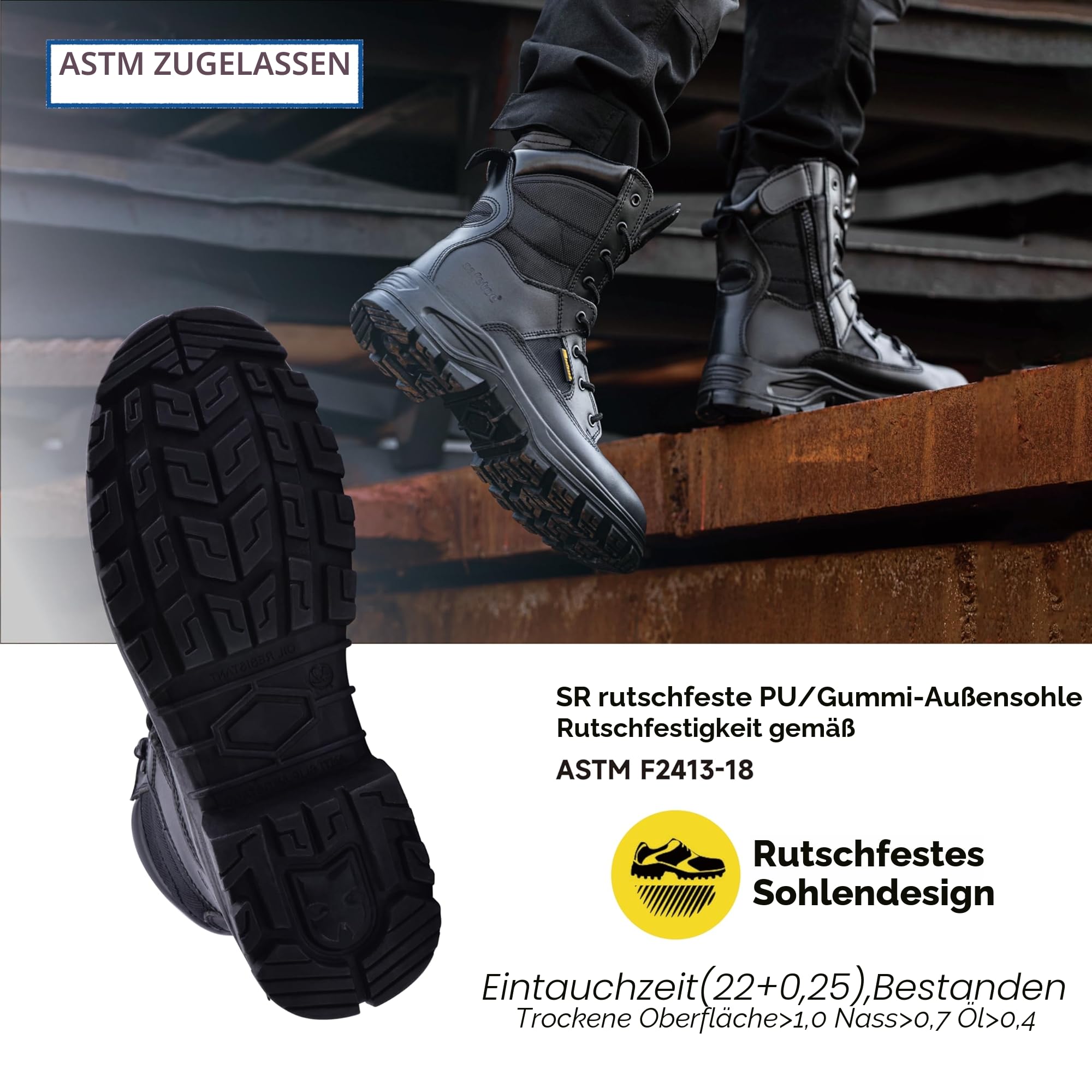 SAFEYEAR Militär & Arbeitsstiefel für Herren & Damen, wasserdichtes Echtleder, Stahlkappe & Stahlsohle, rutschfeste SRC-Sohle, breite Passform 4E, seitlicher Reißverschluss, S3 ESD
