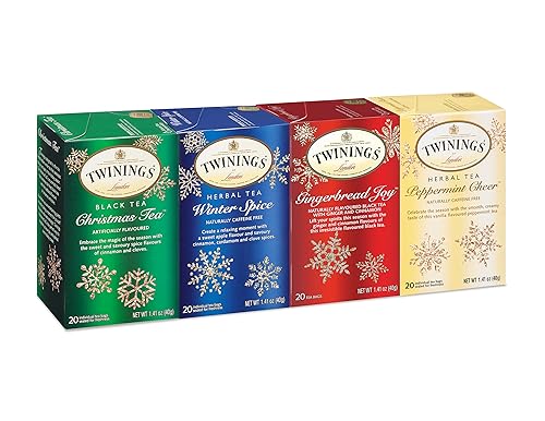 Twinings Holiday Variety Tea - Bolsa con tés surtidos, Christmas Tea, Winter Spice, Gingerbread Joy y Peppermint Cheer, 20 unidades (paquete de 4)