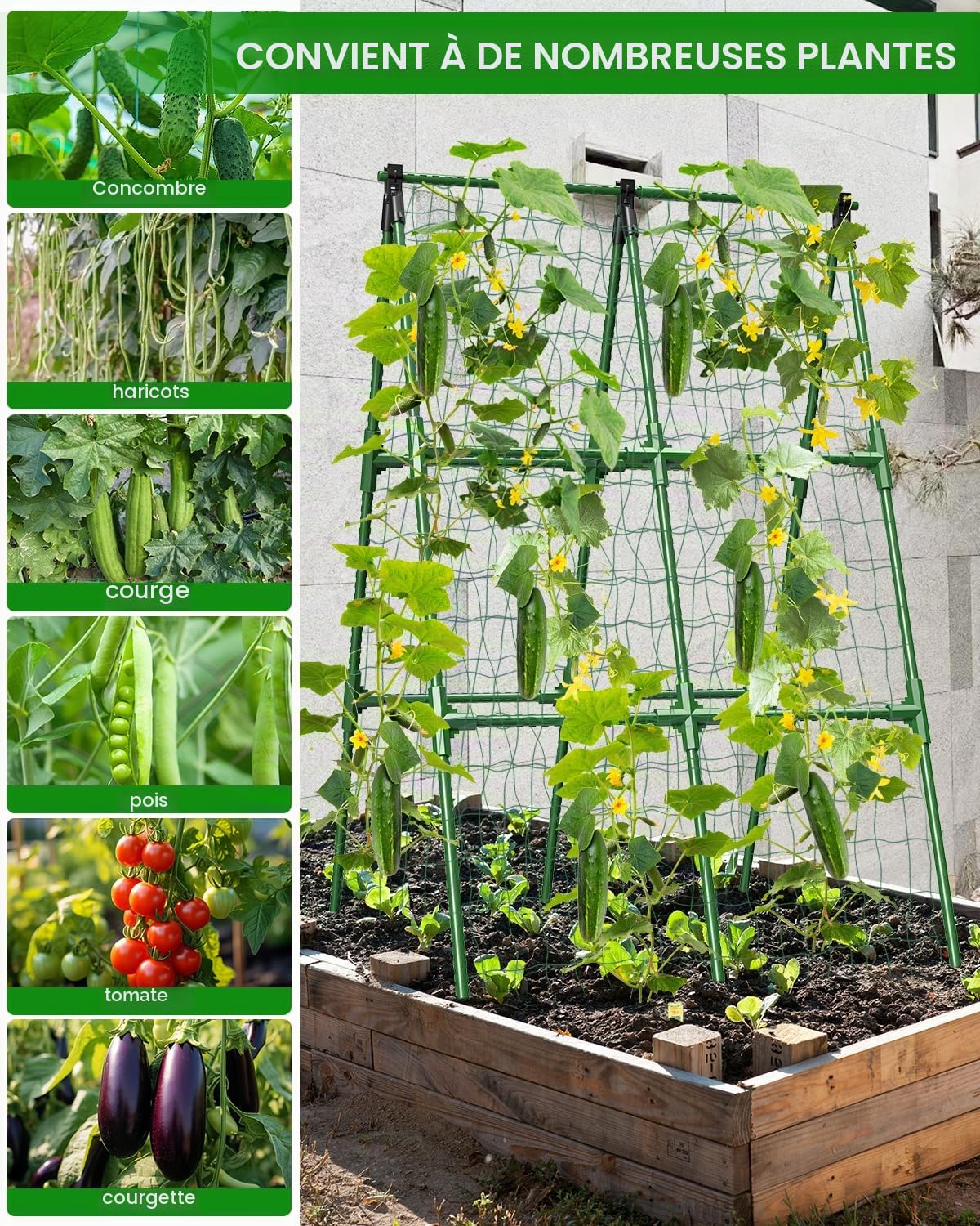 MYMULIKE Lot de 2 Tuteurs à Concombre, 168 cm x 120 cm Trellis de Jardin Extérieur pour Plantes Grimpantes, Structure en A, Tuteur Amovible pour Carrés Potagers, Convient aux Tomates, Courges, Légumes