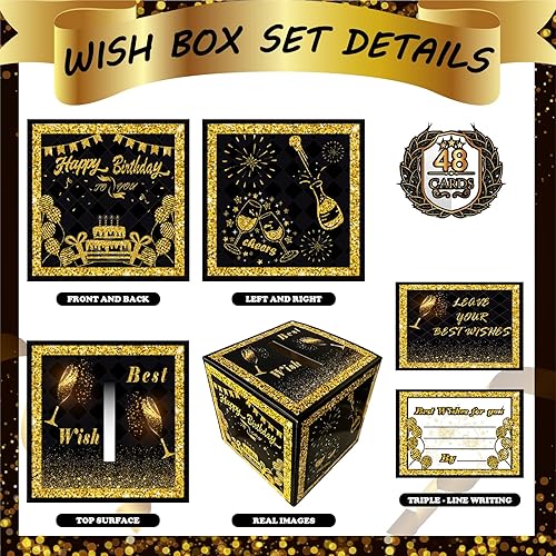 Miniatura 4 de 55 decoraciones de fiesta de cumpleaños número 50, cajas de decoración multifuncionales 3 en 1 de oro negro incluye caja de globos, caja de tarjetas