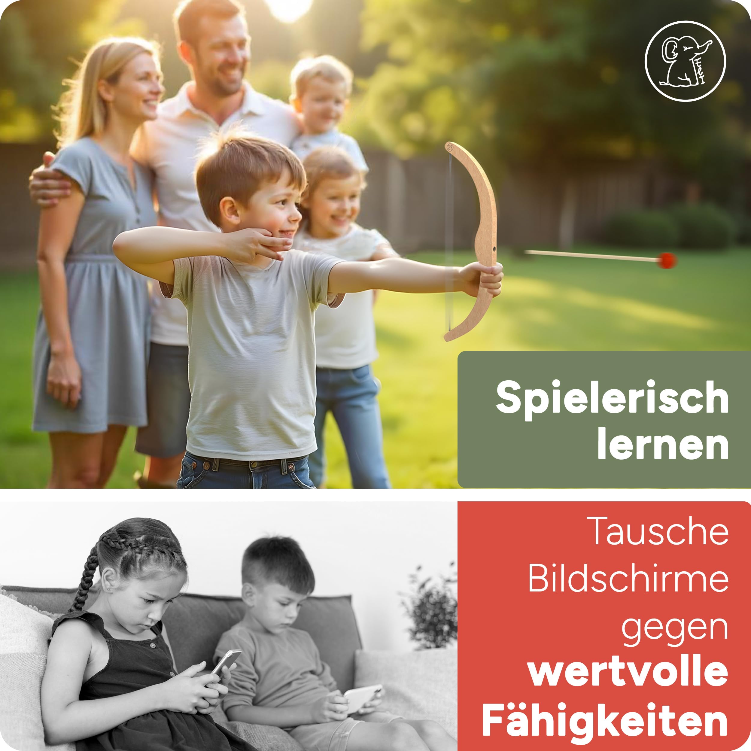 Eli® Arc et flèche pour enfants avec 6 flèches en feutre – 3 cibles et sac à dos en coton – Tir à l'arc pour enfants – Jouet en bois pour enfants à partir de 3 ans