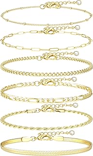 6PCS Ankle Bracelets for Women Waterproof-14K Gold Plated Anklets for Women Non Tarnish Hypoallergenic Stainless Steel Cuban Link Chain Anklet Set Layered Beach Jewelry Gift Adjustable