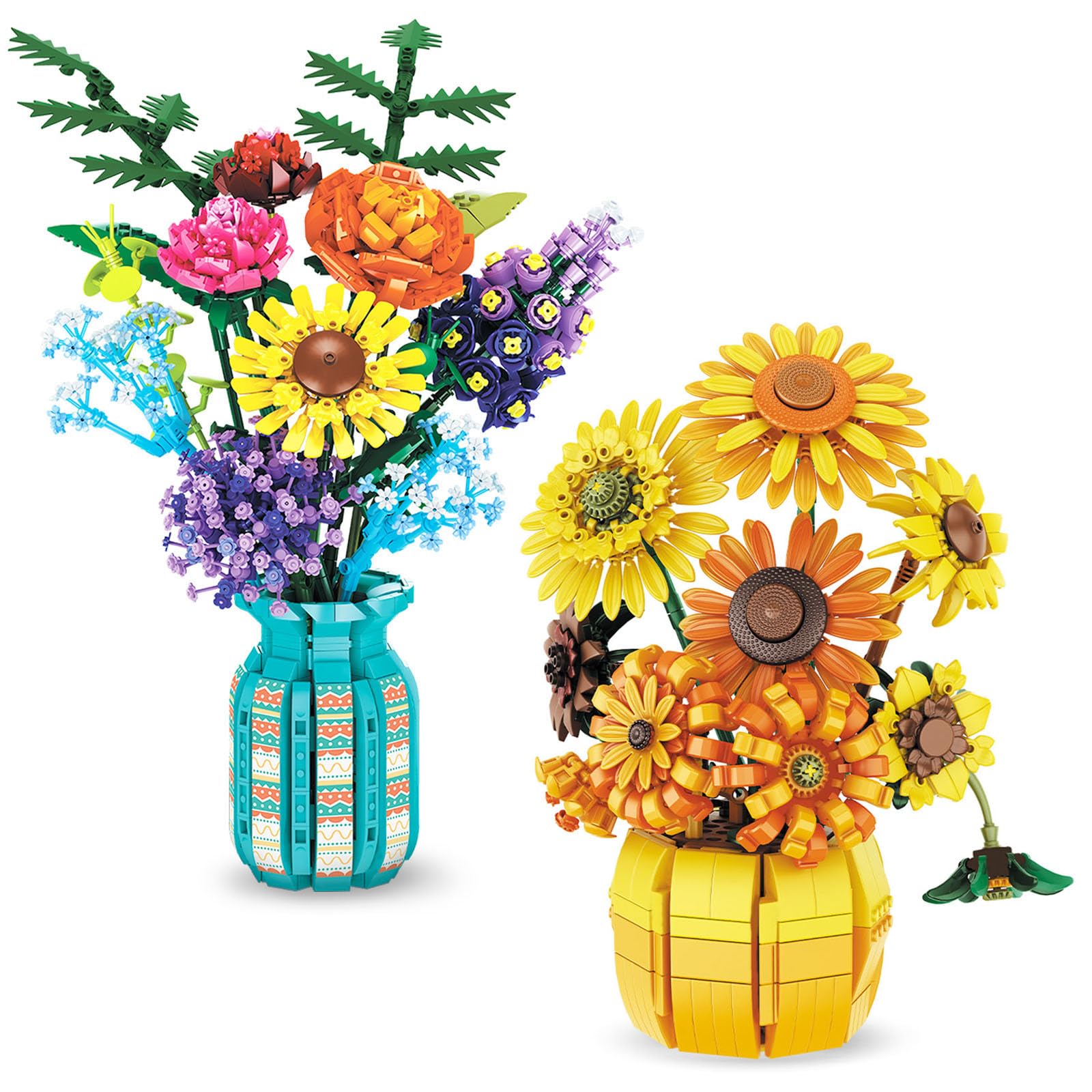 Flower Building Set – Wildflowers & Van Gogh Sunflowers Art Collection for Adults, Compatible with Lego Flowers, Creative Home Décor for Women, Girls 14+, 11001 & 11002
