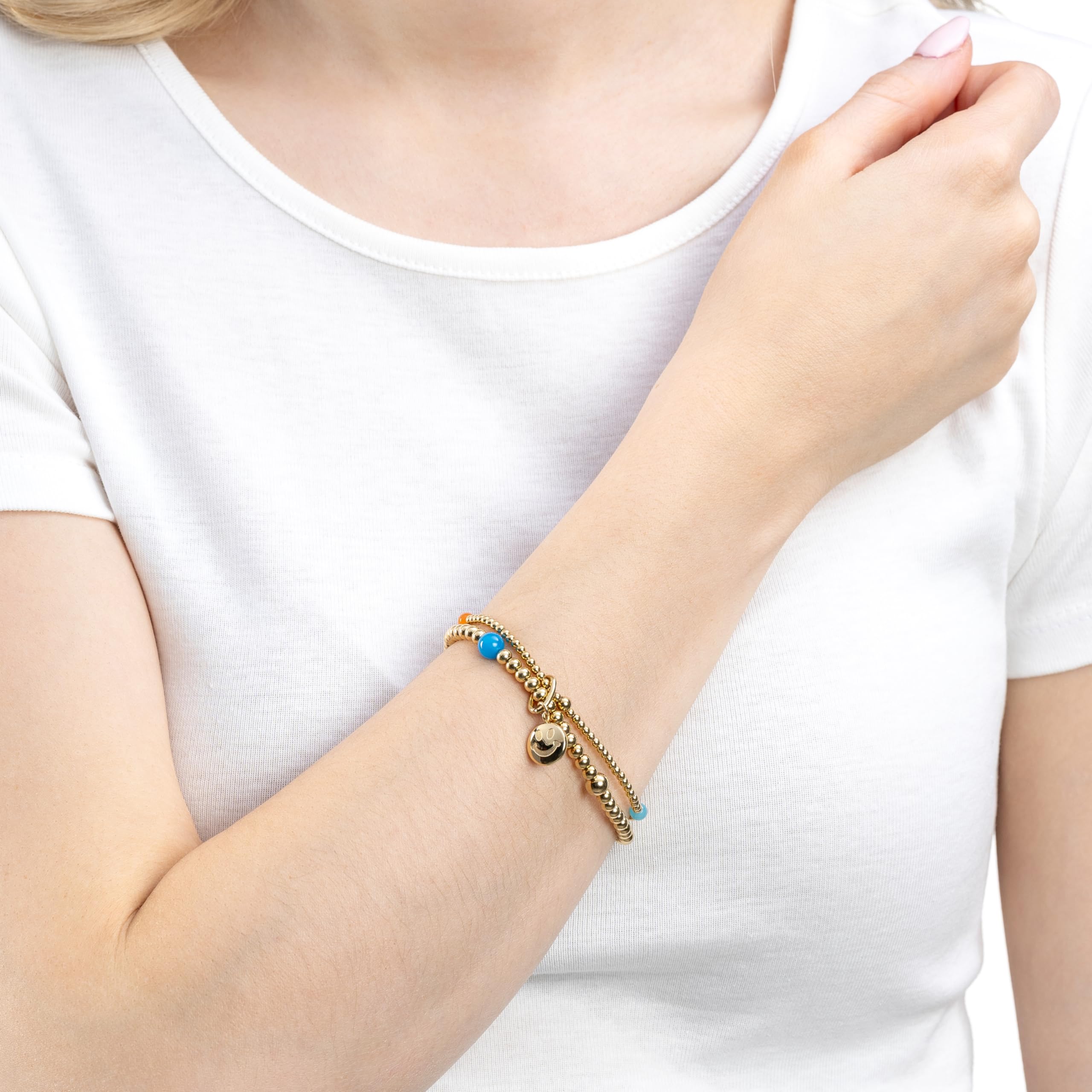 JEWELS BY LEONARDO Armband Clip & Mix Smile • elastische Arm-Kette ausgoldfarbenem Edelstahl • doppelreihig aufgefädelte Perlen durchbrochen von bunten Achat-Perlen • 19,5 cm Länge • Damen • 023750