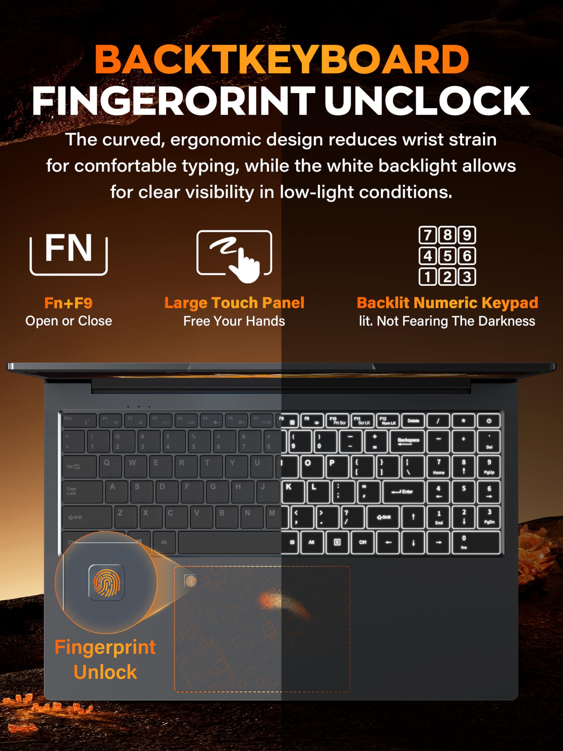 Computer portatile 3K da 16 pollici per affari e studenti, processore Celeron N150 a 4 core (fino a 3,6 GHz), SSD NVME da 512 GB 16 GB RAM, Win 11 Pro, impronte digitali, KB retroilluminato