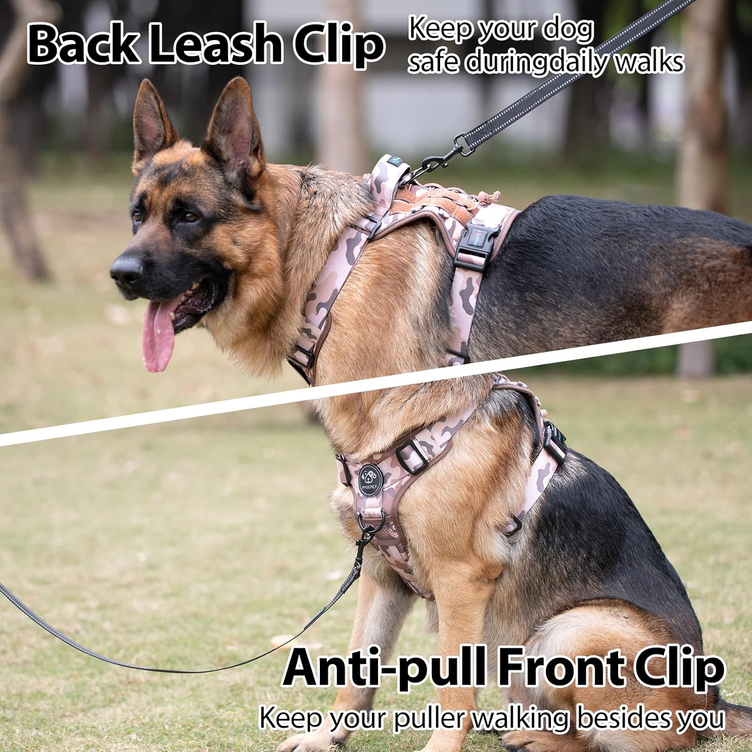 PHOEPET No Pull Tactical Dog Harness,Service Dog Vest with Molle & Loop Panels,Easy Control with Handle for Large Dogs(Woodland Brown,XL)
