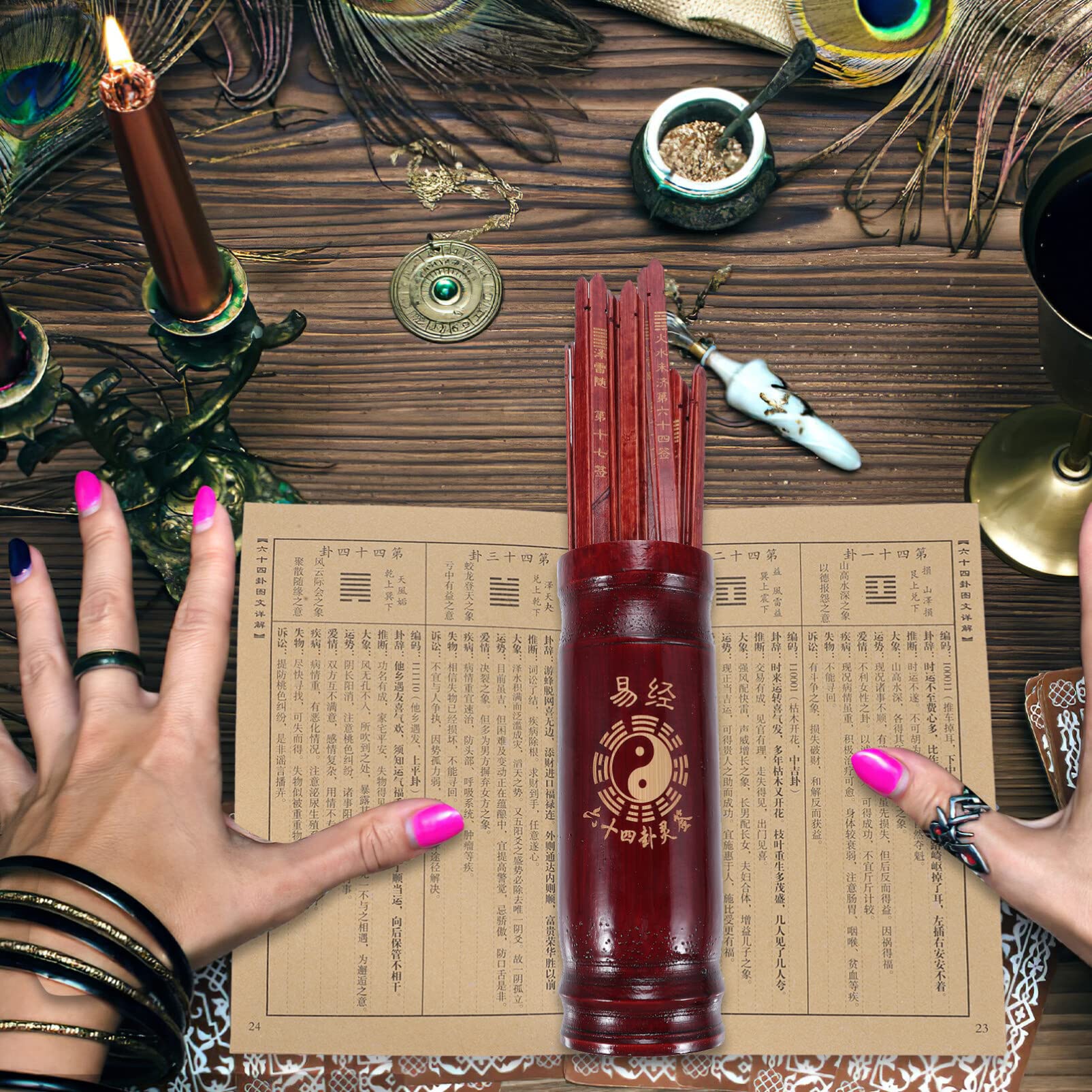 UPKOCH Bastoncini Cinesi per la Divinazione, Bastoncini Cinesi per la Divinazione I Ching con Libro Kau Chi- Chien Tung in Scatola di Legno per Giochi di Cartomanzia