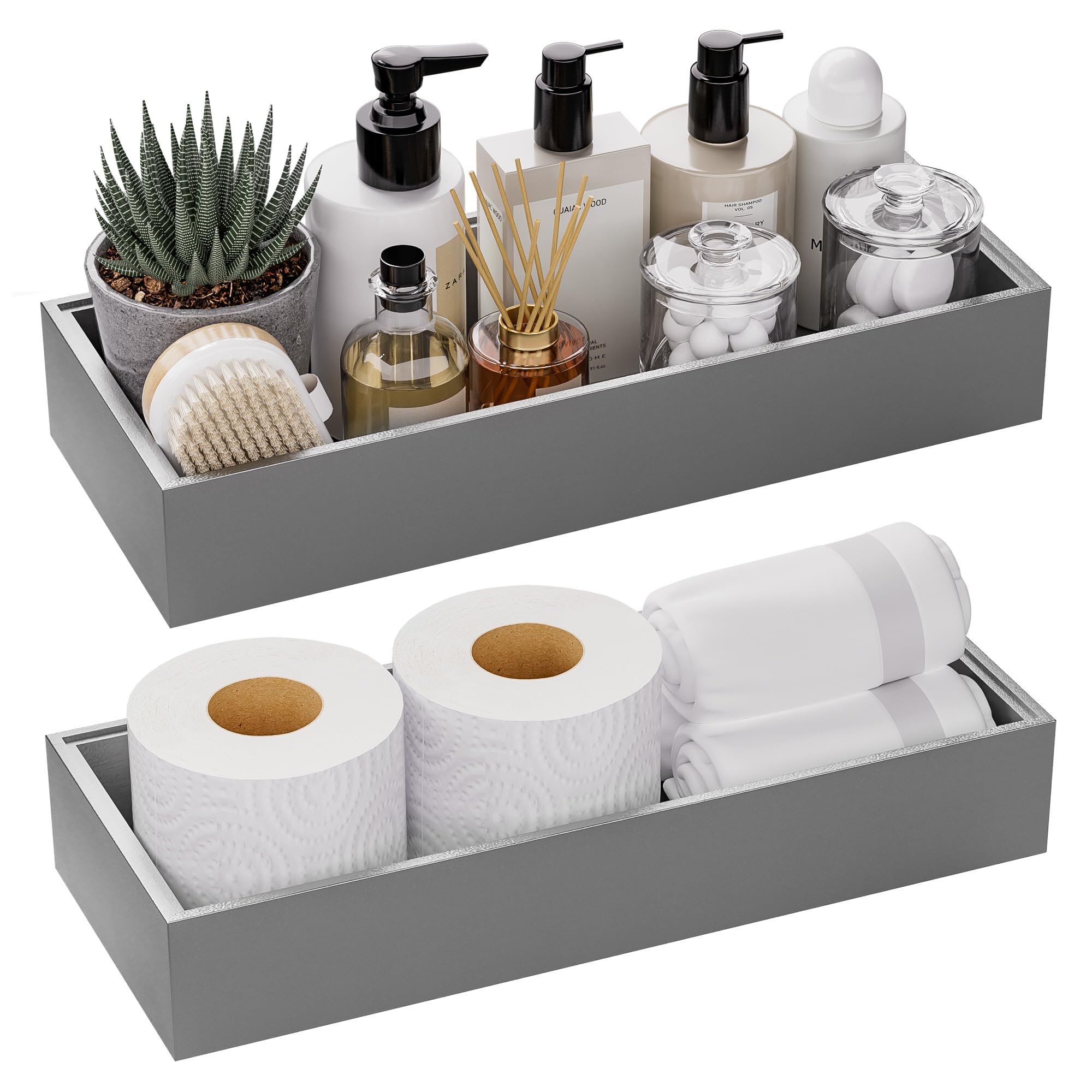Greatseas Kitchen Drawer Organizer Bins, Stackable Bamboo Drawer Organizer for Silverware, 2 Pcs Toilet Paper Basket Holder, Wood Bathroom Tray Countertop, Toilet Tank Tray Silver 15" x 6" x 2.5"