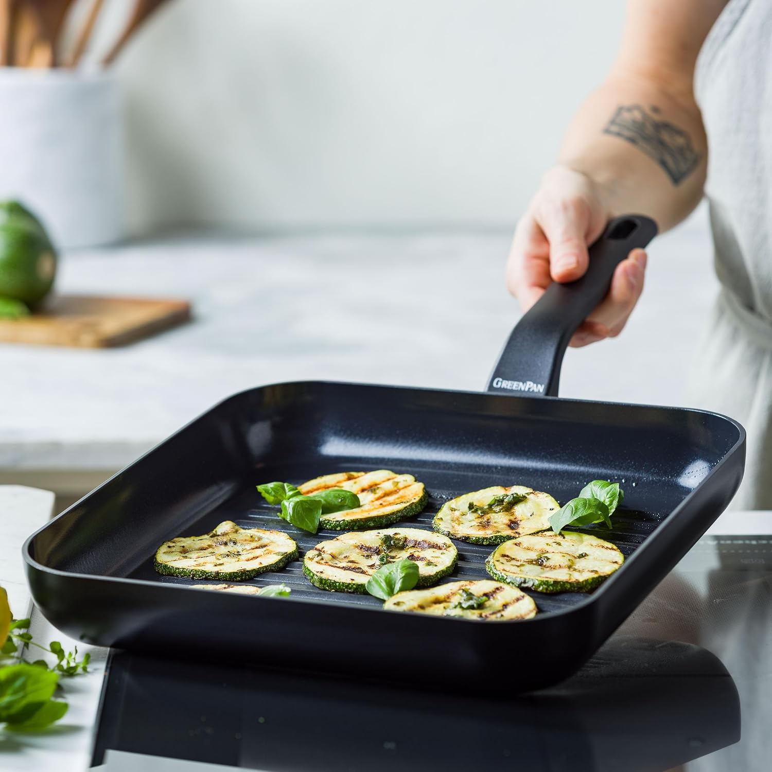 GreenPan Open Square Grill Pan, 28.6cm Non-Stick Aluminum for Grilling, Induction Compatible, Black