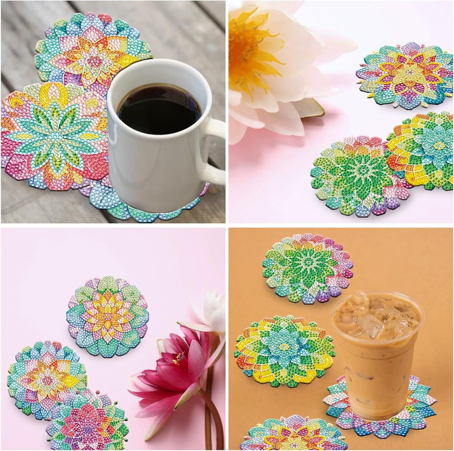 Set 8 Sottobicchieri Diamond Painting 5D Con Supporto – Fai Da Te Per Adulti E Bambini – Base In Sughero E Acrilico - 2