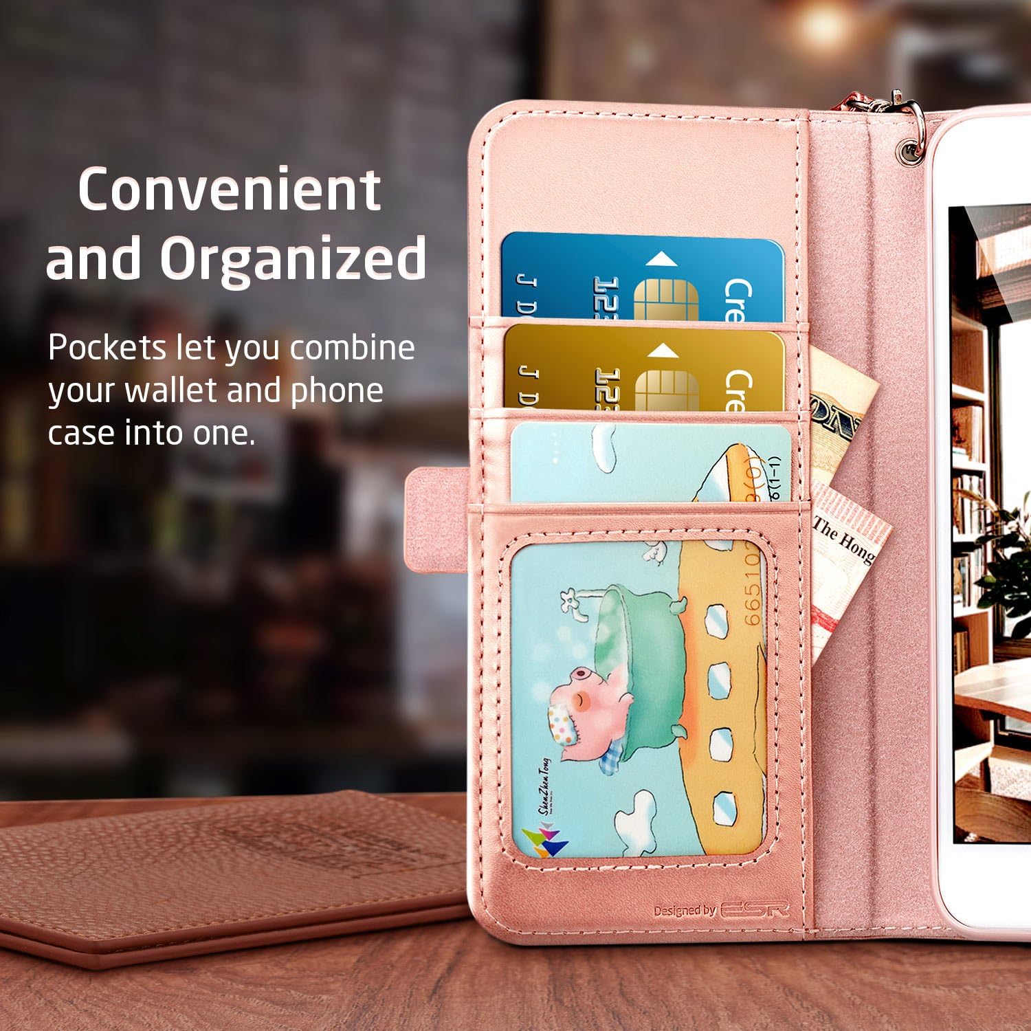 ESR iPhone 8 Plus Case, iPhone 7 Plus Case, Wallet Case, [Kickstand Feature] [Scratch-Free Flexible Inner Case] Folio Wallet Case with Strap/Card Slots/Side Pocket(Rose Gold)