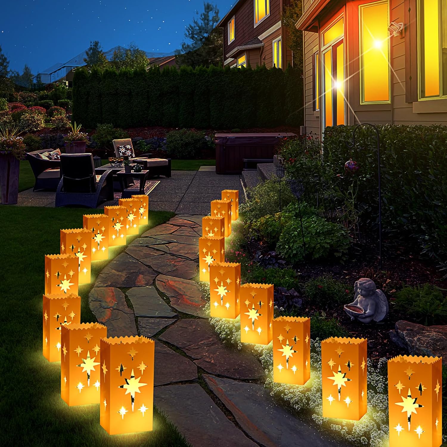 geetery 20 pcs electric reusable led luminary bags with 2 string lights outdoor luminary bags plug in and pathway lighting for christmas halloween thanksgiving(hexagonal star style)