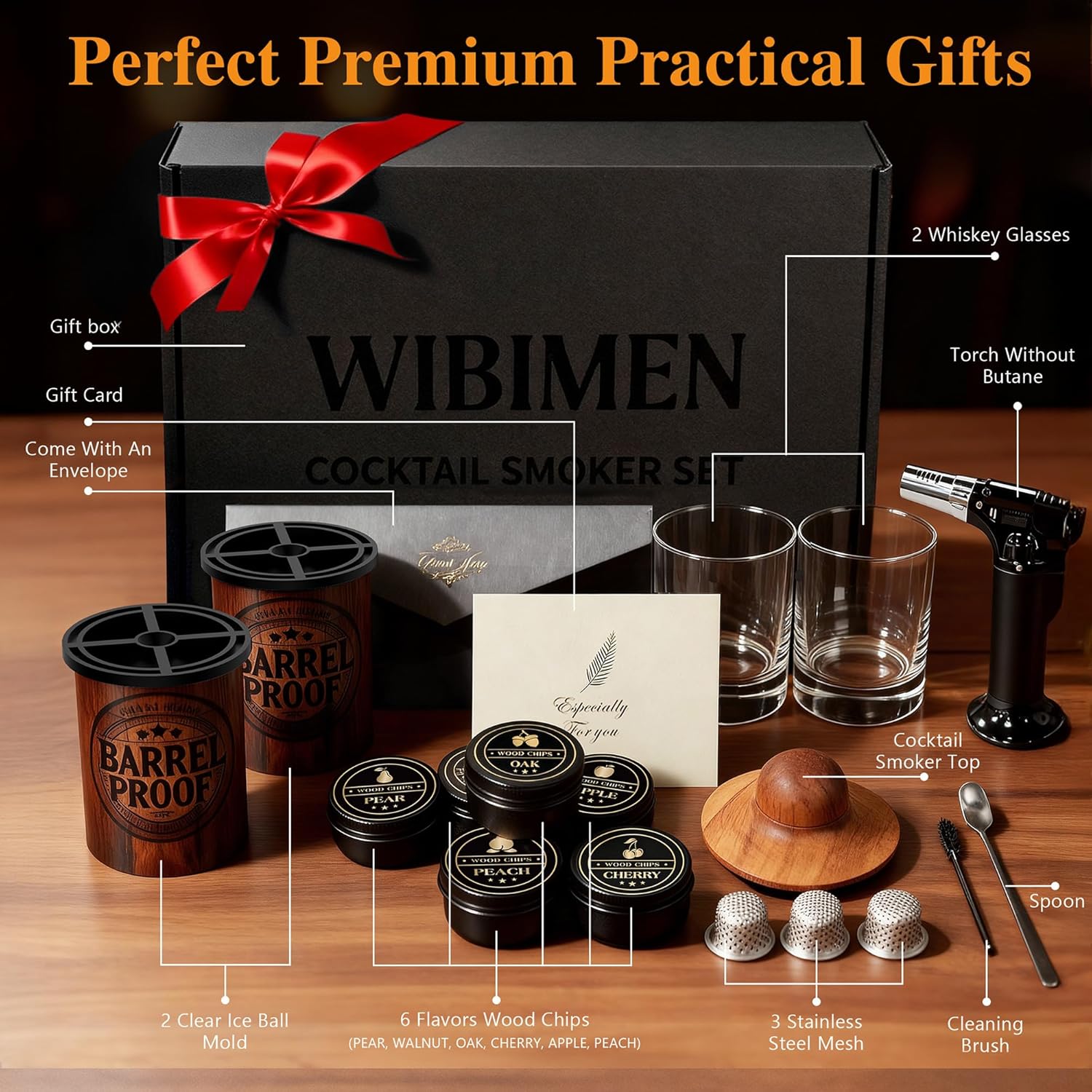 Whiskey Smoker Kit with Torch –Old Fashioned Smoker Kit for Bourbon & Whiskey – Drink Smoker Set with Wood Chips– Gift for Men, Dad, Husband/Father (1，Smoker Kit & 2 Ice Ball Molds & 2 Glasses)