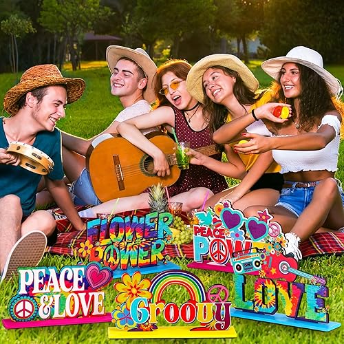 Miniatura 4 de Geetery 6 piezas de suministros de fiesta hippie de los años 60 Centros de mesa de madera Groovy para decoración de mesa Decoración de fiesta de