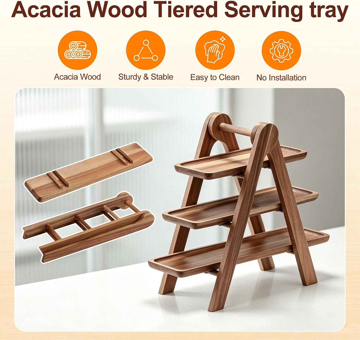 3 Tier Acacia Wood Serving Tray, Cupcake Dessert Display Stand