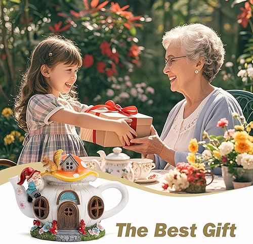 Miniatura 6 de Luz solar para decoración de jardín de casa de hadas, estatua de gnomo al aire libre con ardilla, tetera de resina para patio, césped, patio y