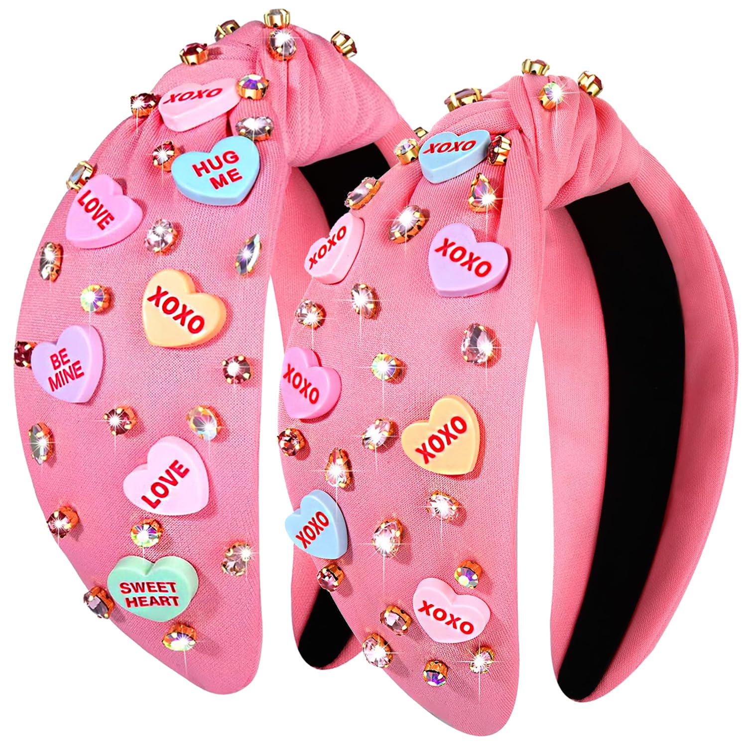 Mokkia Valentine's Day Conversation Heart Headband - Red & Pink Rhinestone Knotted Headband Gifts