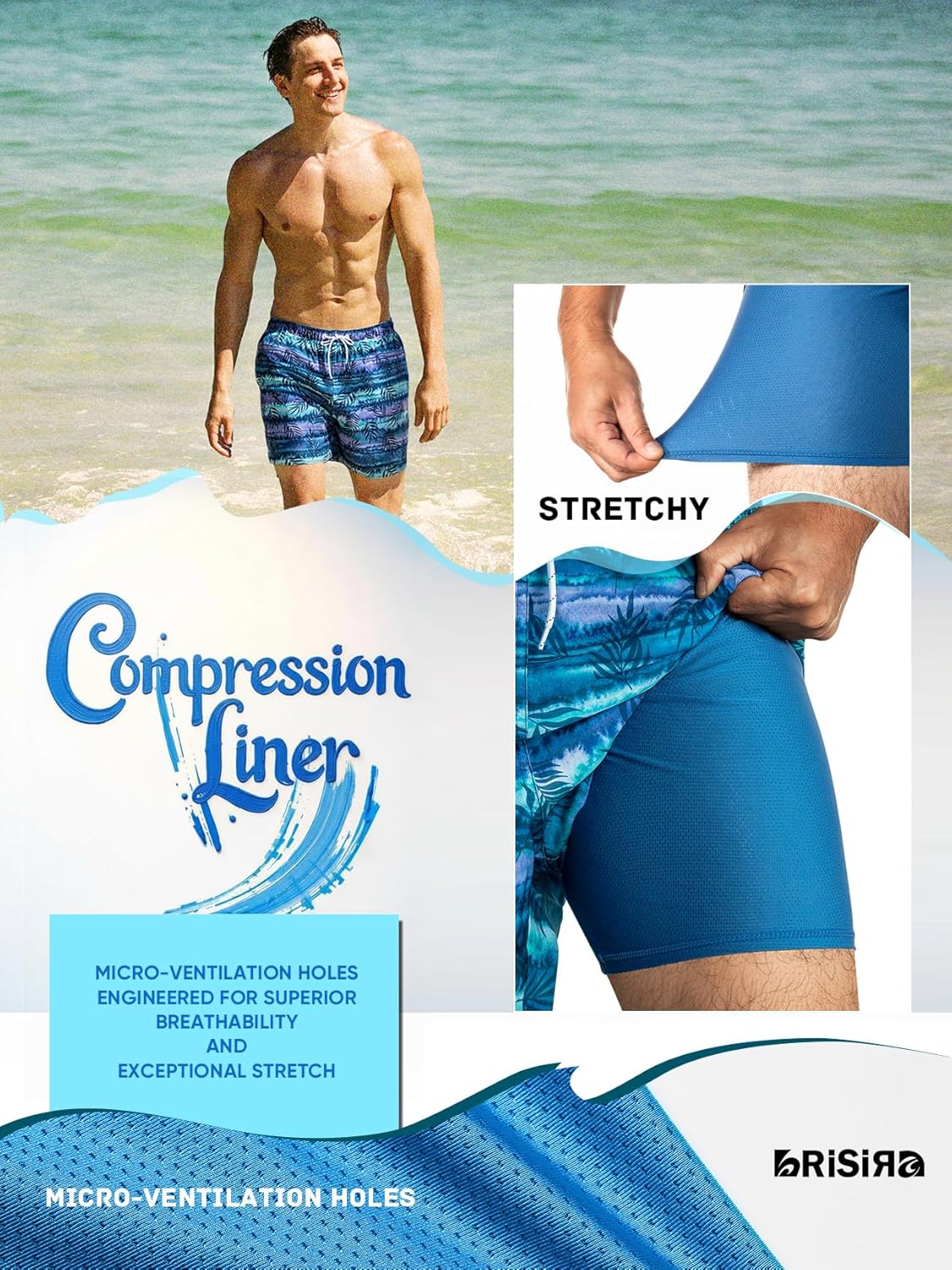 BRISIRA Mens Swim Trunks 5 Inch Compression Liner Beach Swim Shorts Bathing Suit Quick Dry 4-Way Stretch Pockets - Image 4