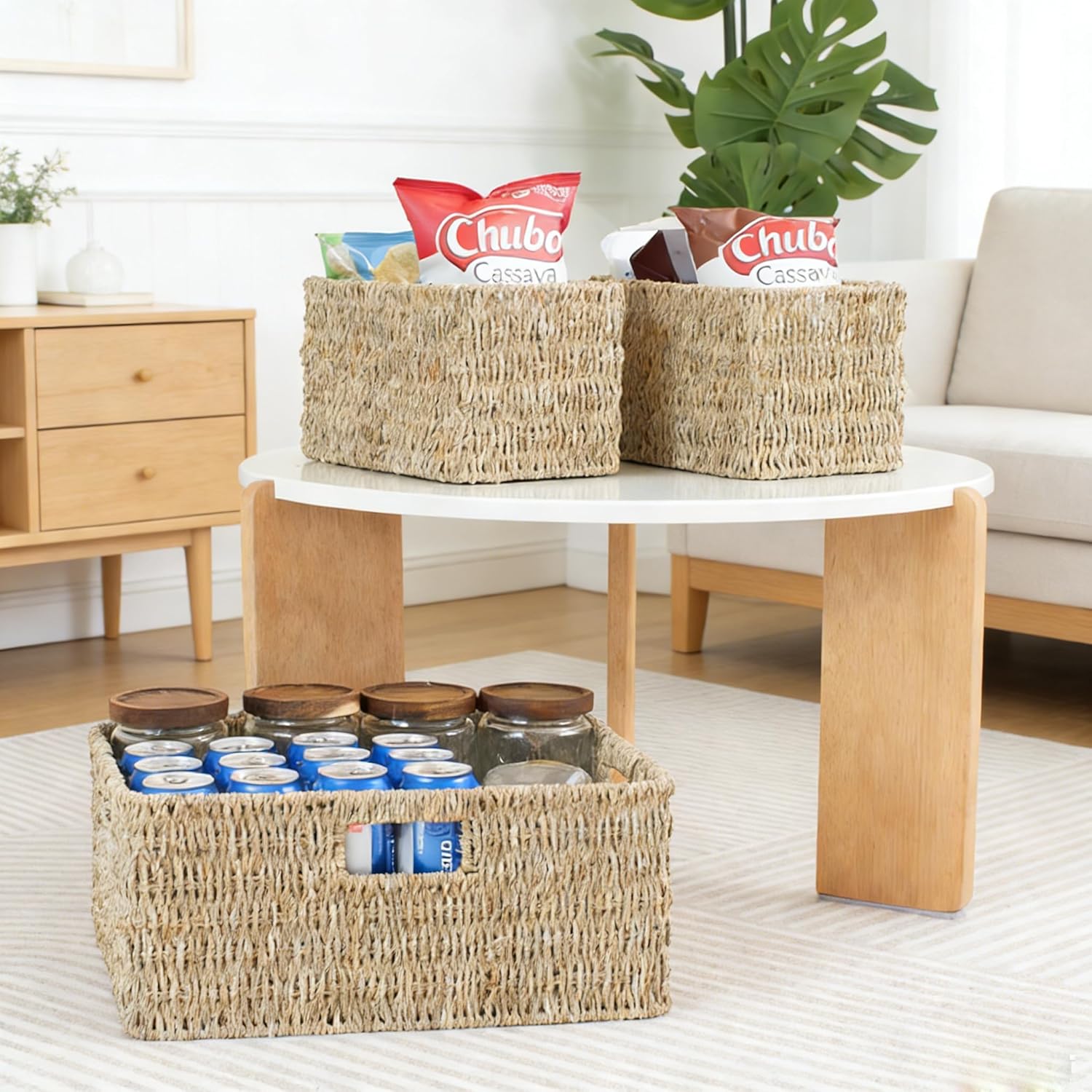 Wicker Storage Baskets Set of 3, Large Handwoven Water Hyacinth Storage Baskets with Handles, Rectangular Decorative Wicker Bins for Shelves, Closet, Living Room, 16.9"L x 12.99"W x 7.5"H