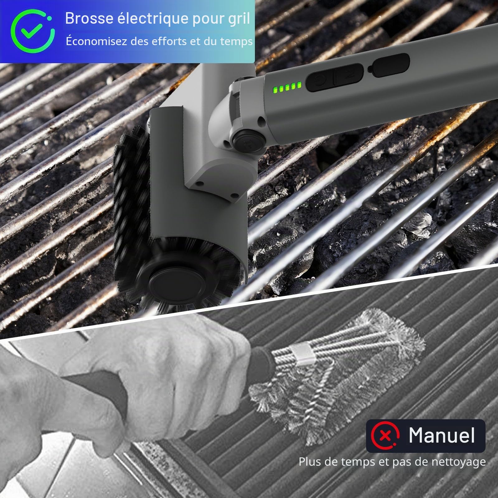Brosse électrique Barbecue, Brosse Rotative électrique pour Grill avec Angle Réglable, 3 Vitesses, Autonomie 90 Min, 3 têtes de Brosse, Étanche Nettoyeur Grille Barbecue Electrique pour Grilles
