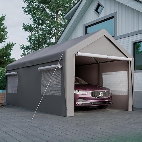 10x20 Ft Carport Canopy, Portable Garage Shelter with Roll-Up Windows, Heavy Duty Car Canopy for Trucks, Boats & Outdoor Storage