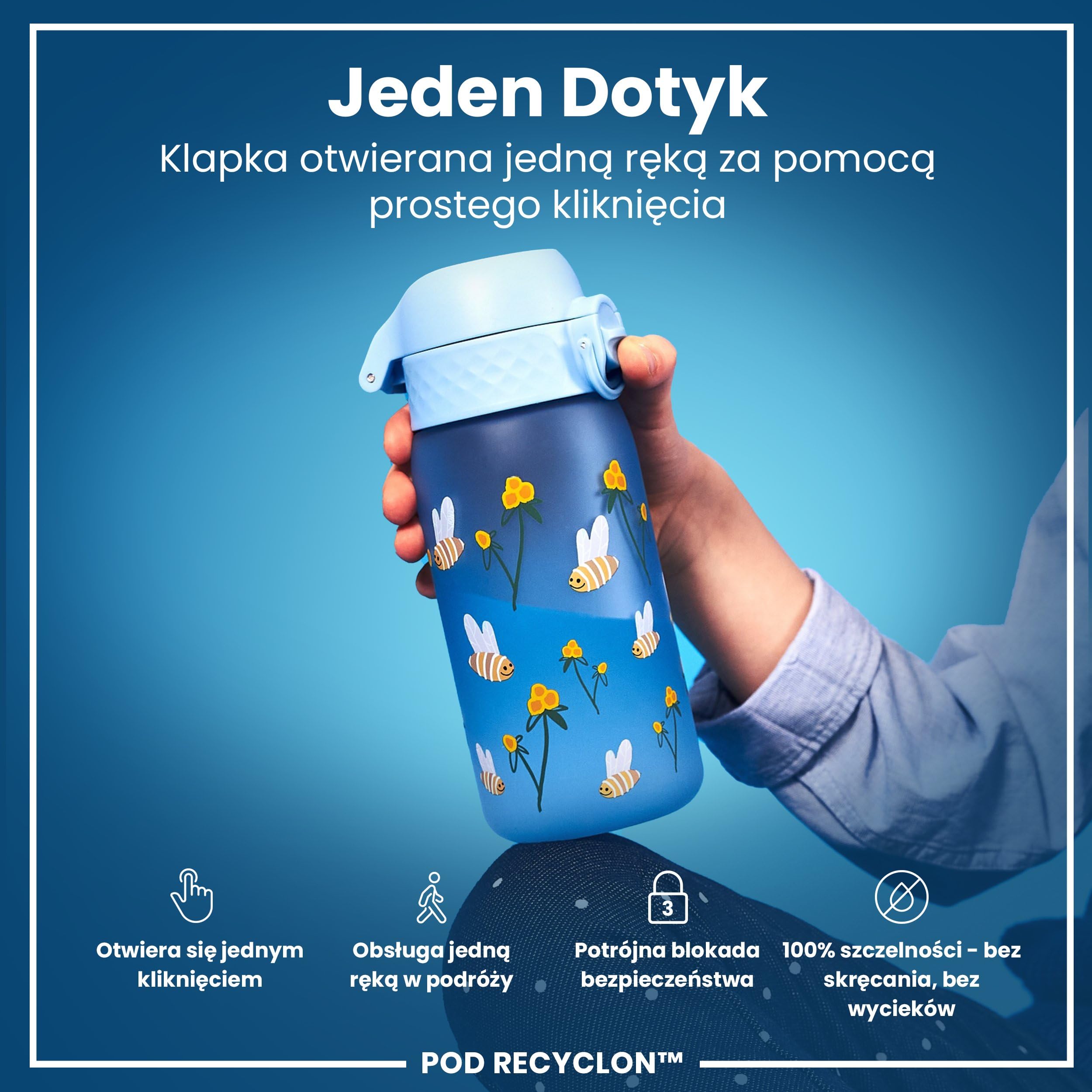 ION8 Butelka dla Dzieci, 350 ml/12 oz, Szczelna, Łatwa do Otwarcia, Bezpieczny Zamek, Można Myć w Zmywarce, Bez BPA, Uchwyt do Przenoszenia, Łatwa do Czyszczenia, Bezwonny, Trzmiele